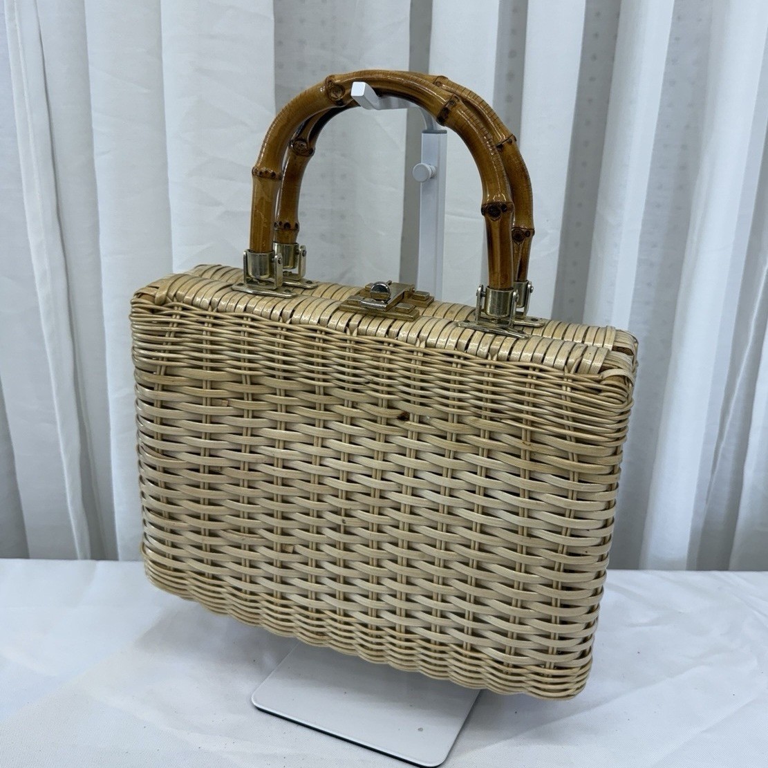 Bali’i Woven Satchel Top Handle Bag Beige Bamboo Handles Gold Latch Lined