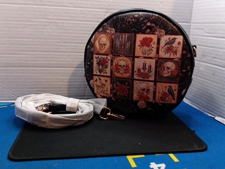 *NEW Skullette Blacklitany Faux Leather Circle Crossbody bag-Skullette Exclusive