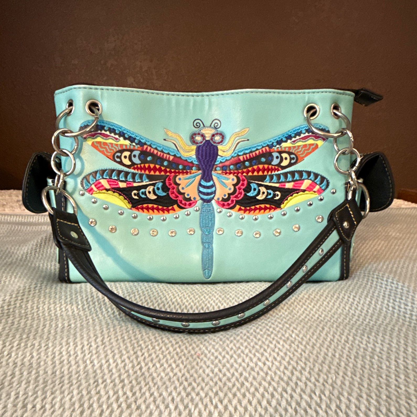 Turquoise/Black Dragonfly Studded Shoulder Bag Zip Detachable Strap Silver
