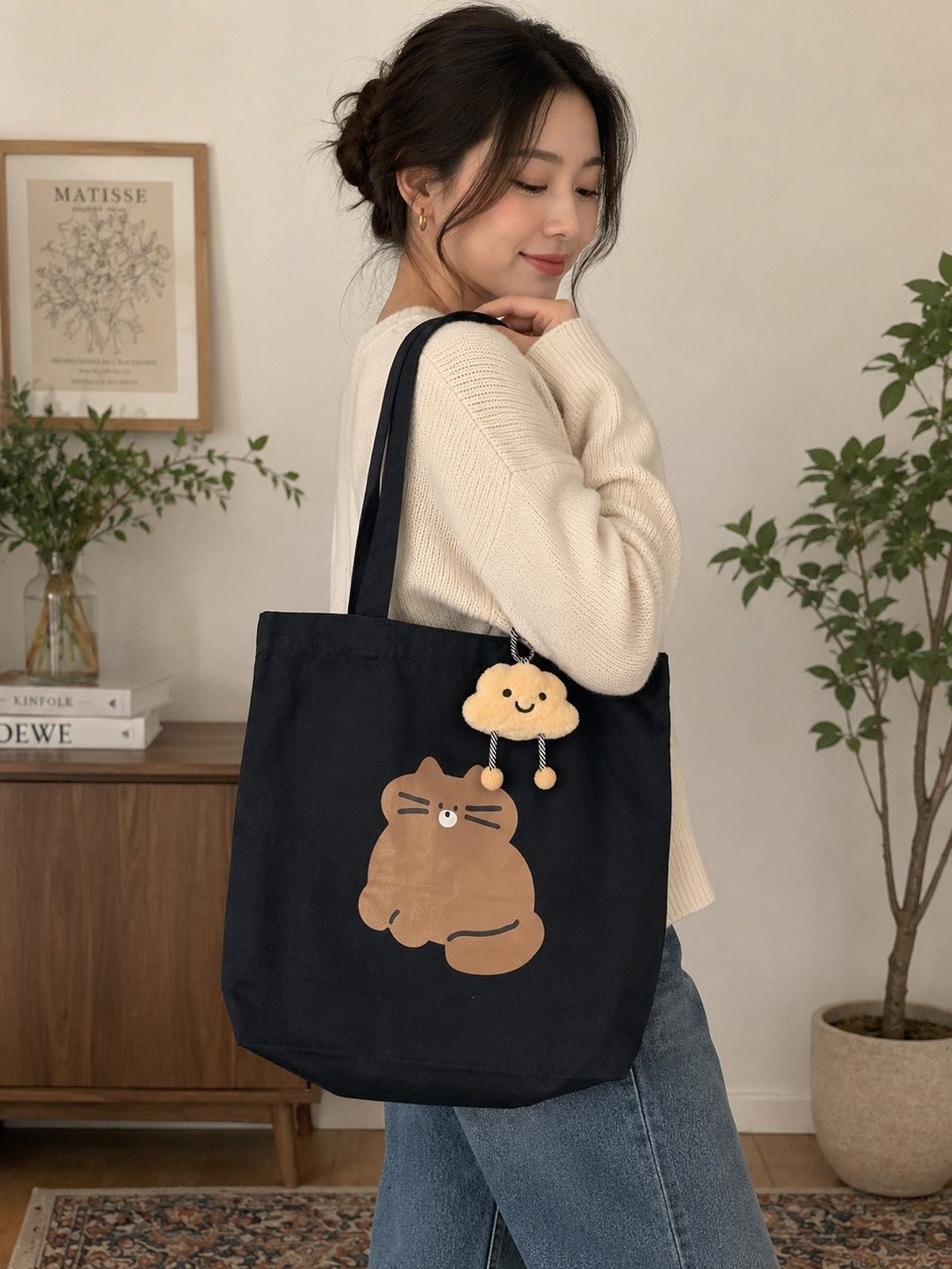 Cute Cat Canvas Sling Bag With Cloud Plush Charm
