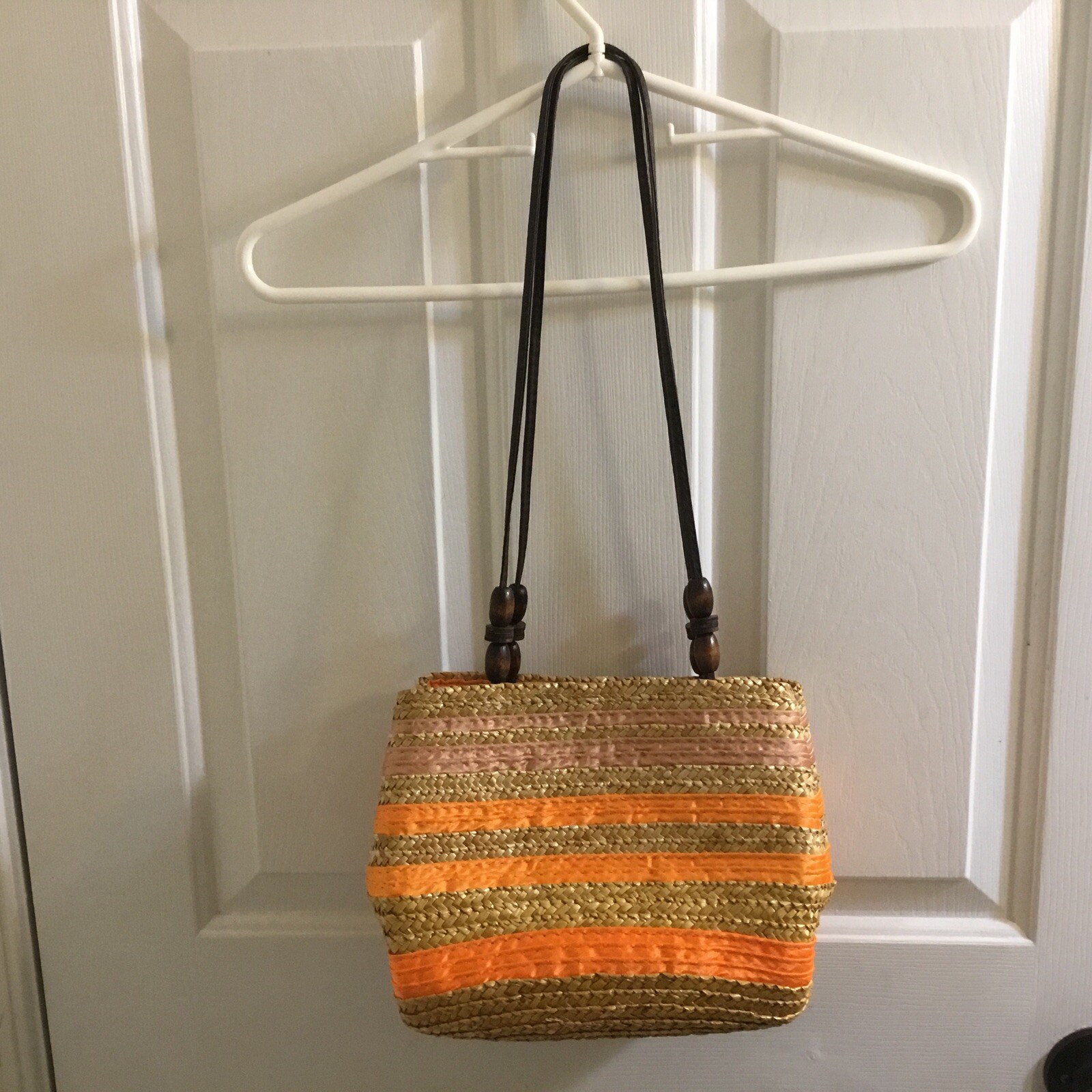 Orange / Pink Striped Straw Wicker Shoulder Handbag Purse