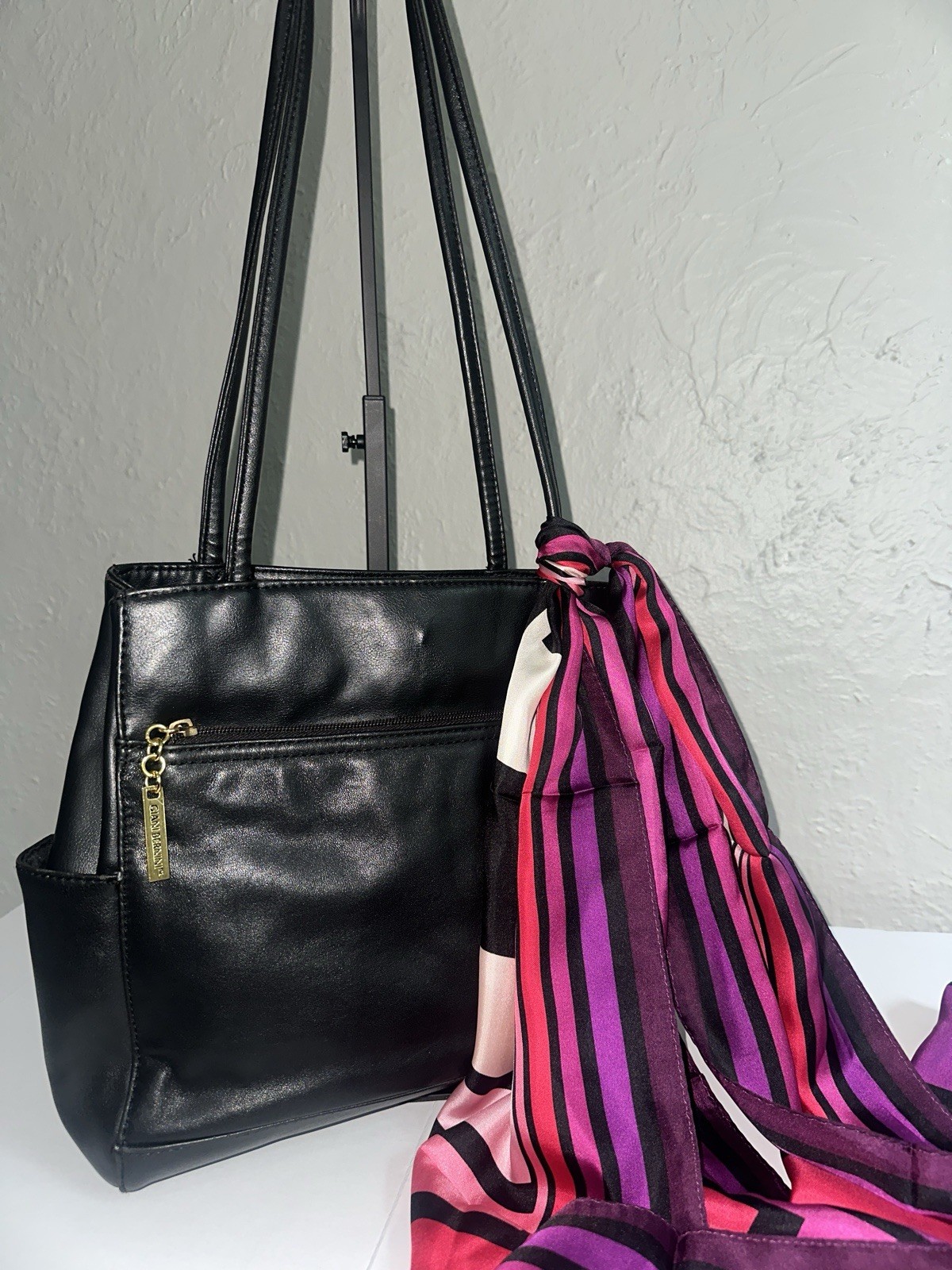 Giani Bernini Black Leather Shoulder Tote Bag + Anne Klein 100% Silk Scarf