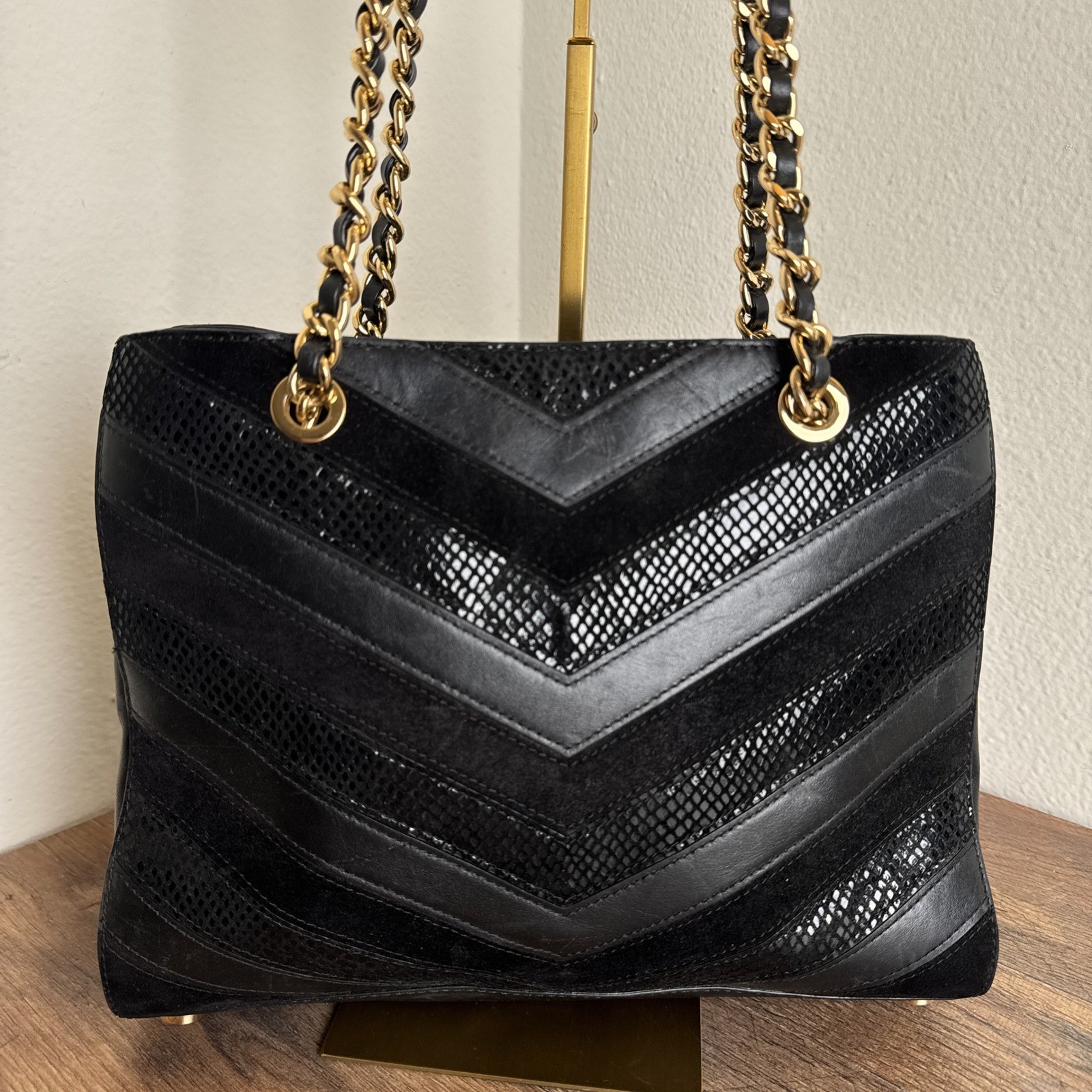Michael Kors Susannah Chevron Black Tote Bag Patchwork Snakeskin Embossed