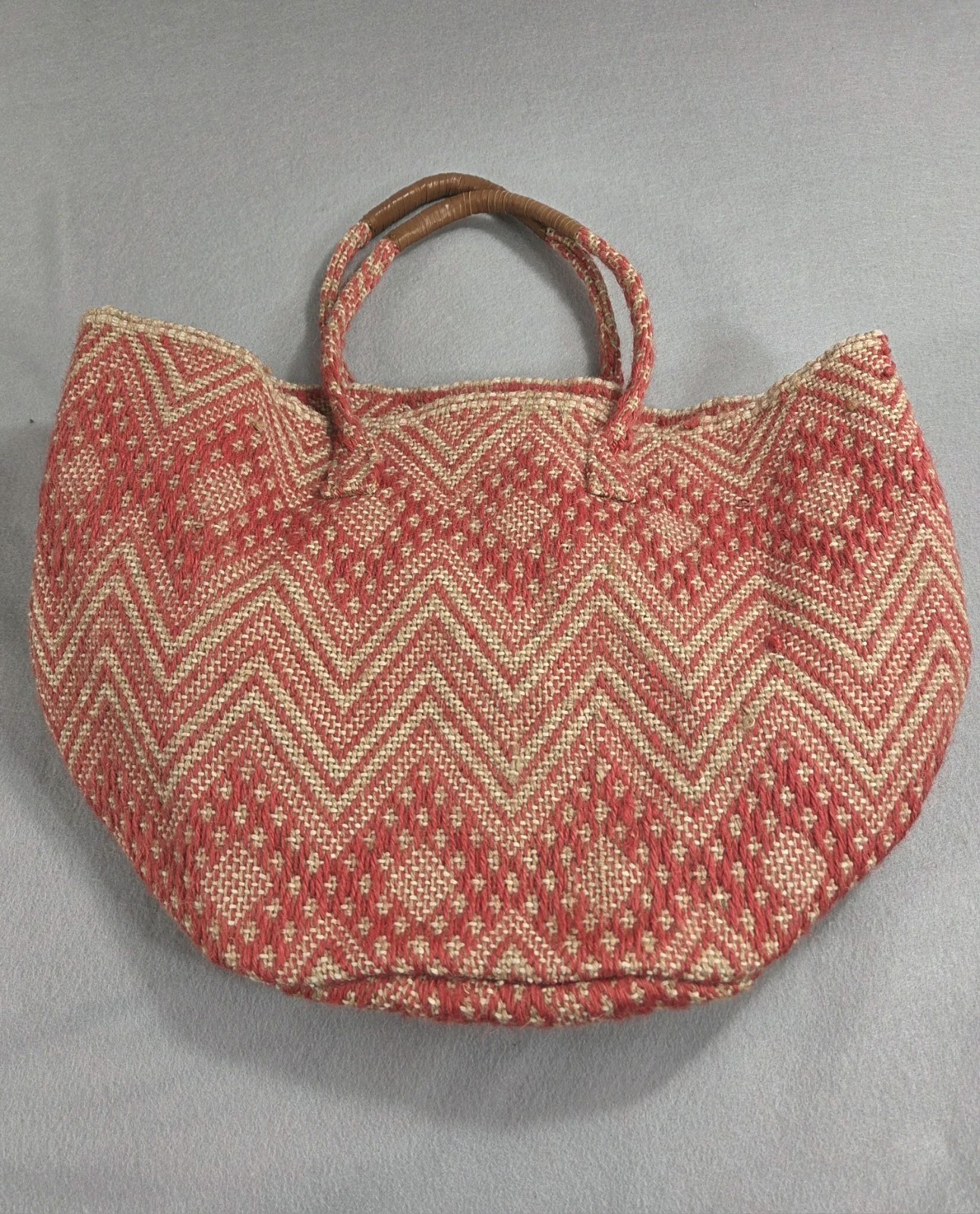 Lucky Brand Woven Jute Tote Red Beige Boho Hobo Bag