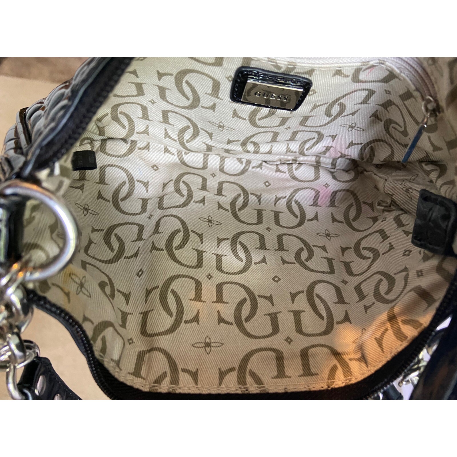 Y2K Guess Black Mini Shoulder Bag VGUC Silver Hrdwr Patent Lthr Croc Emboss VGUC