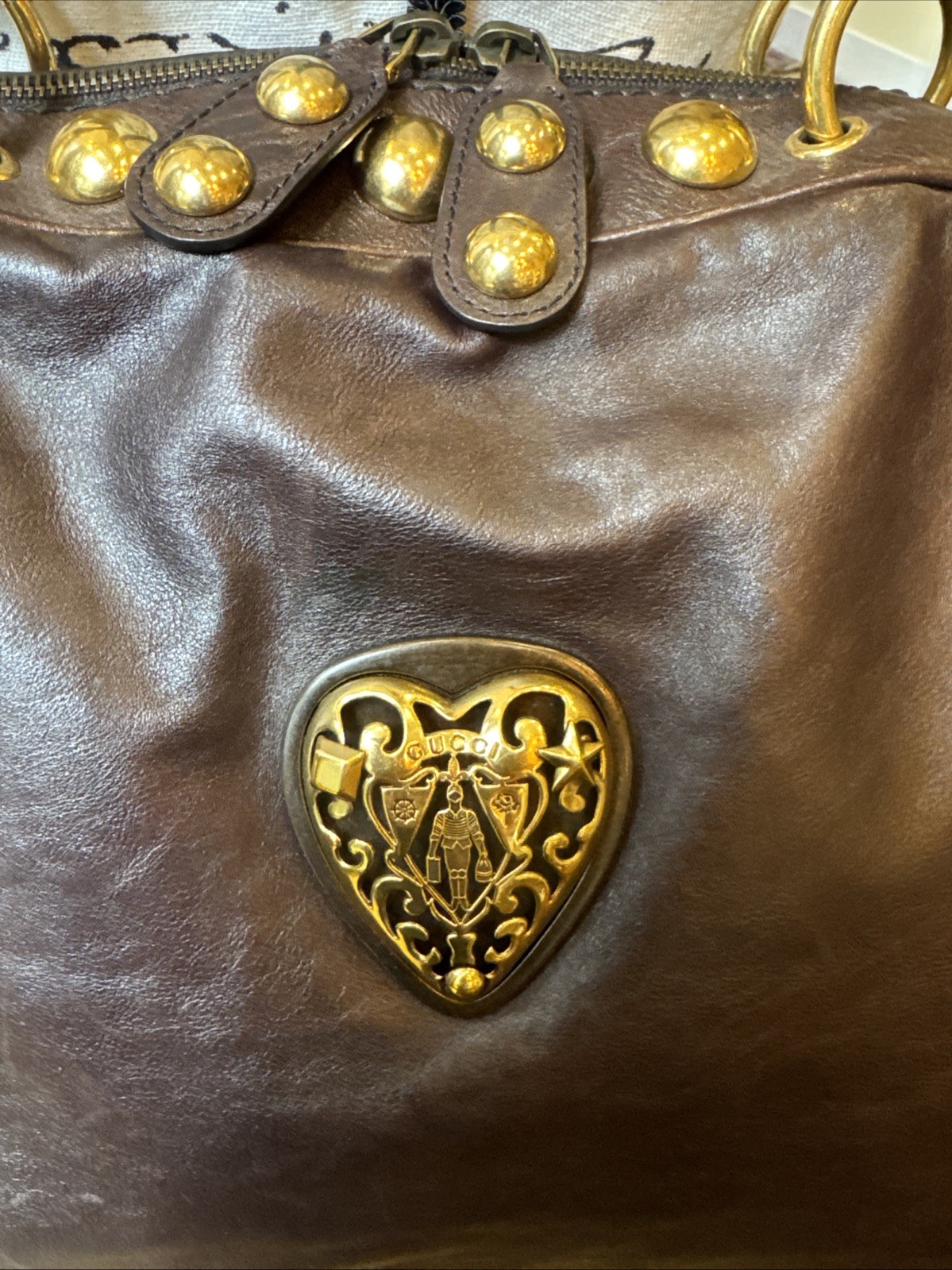 RARE GUCCI CALF LEATHER BABOUSKA DOME HEART SATCHEL STUDS BAG CHOCOLATE BROWN