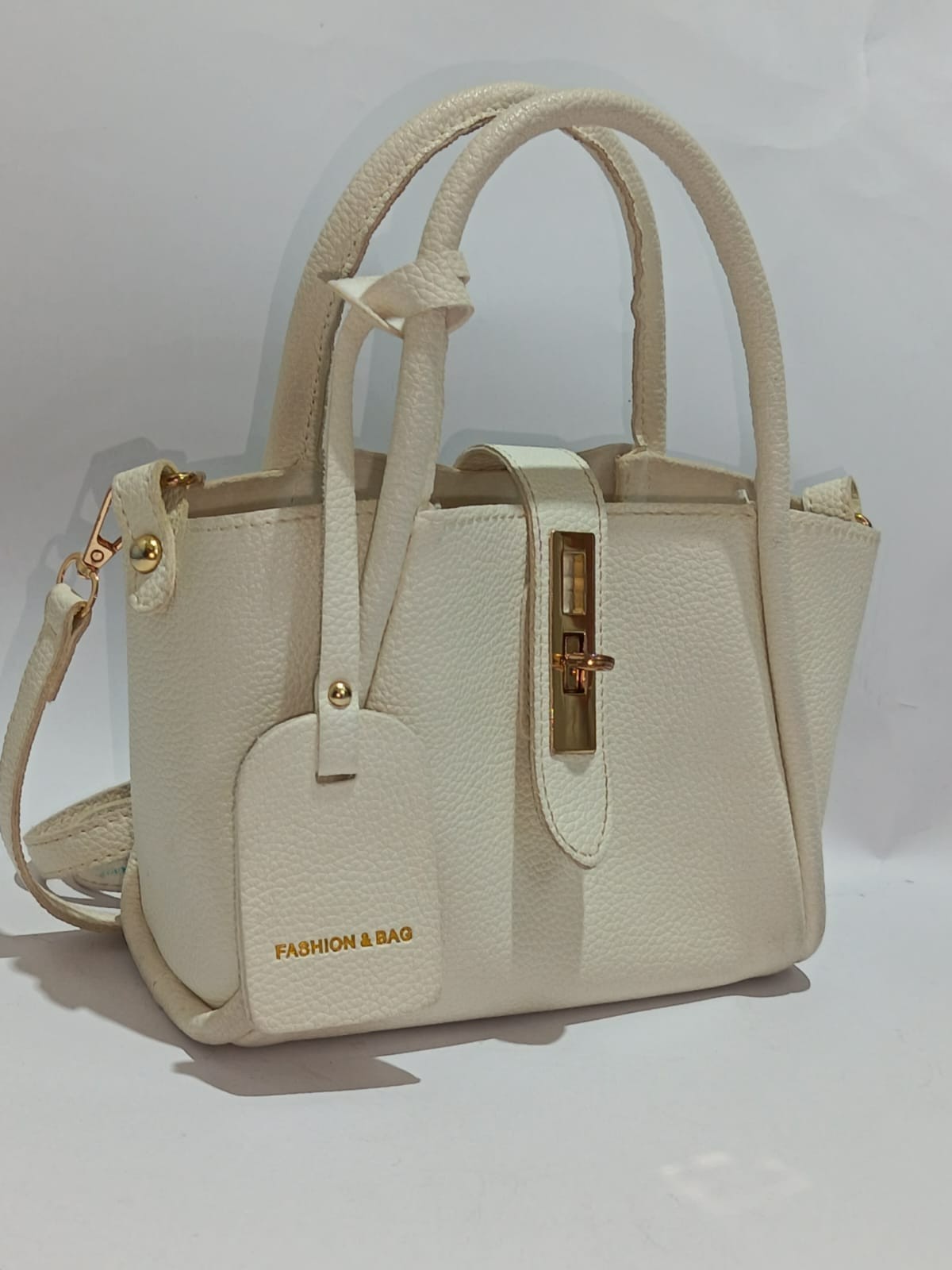 Women Cream Pebbled Leather Satchel Handbag Gold Lock Tote Shoulder Crossbody
