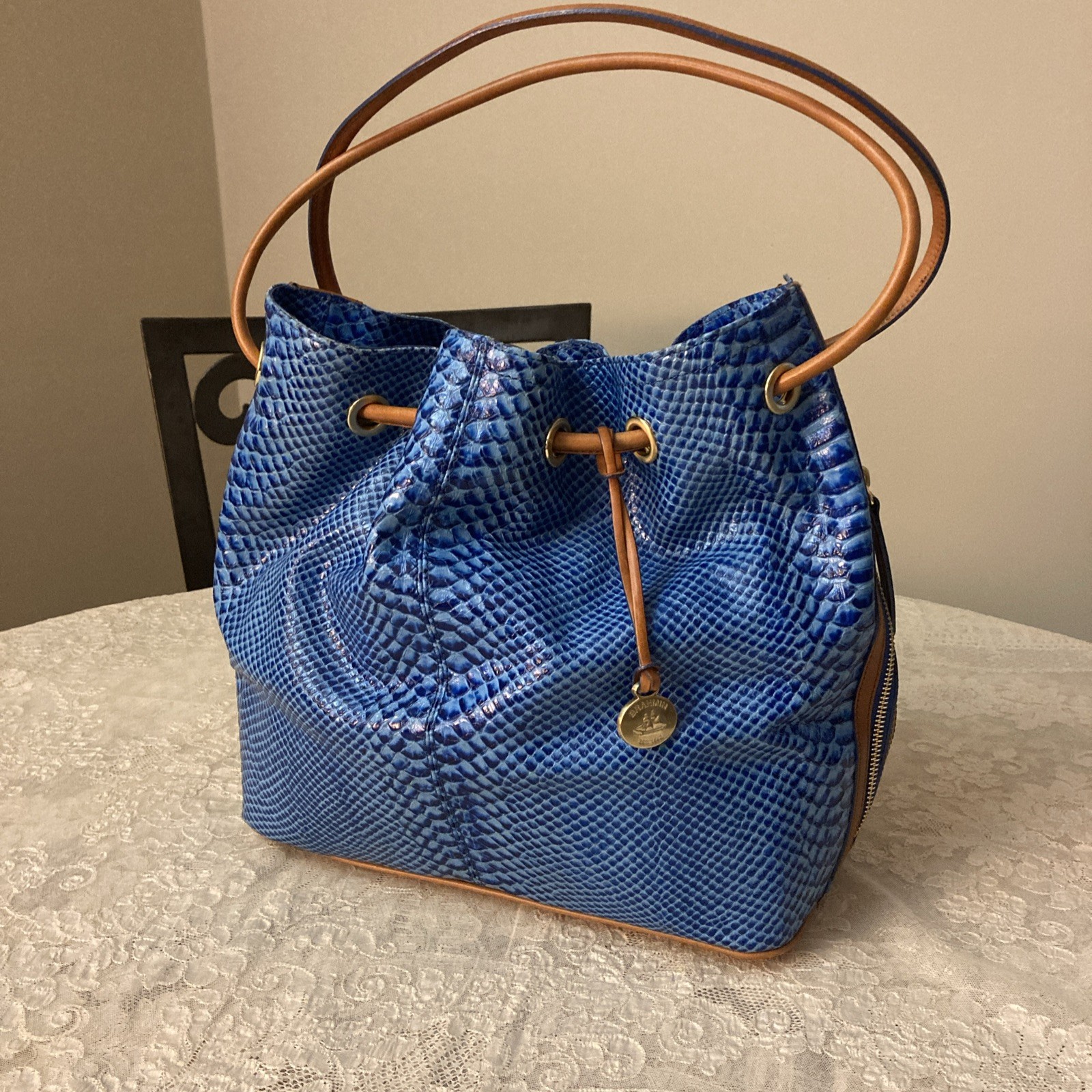 Brahmin Trina Royal Blue Bucket Drawstring Bag Excellent Condition