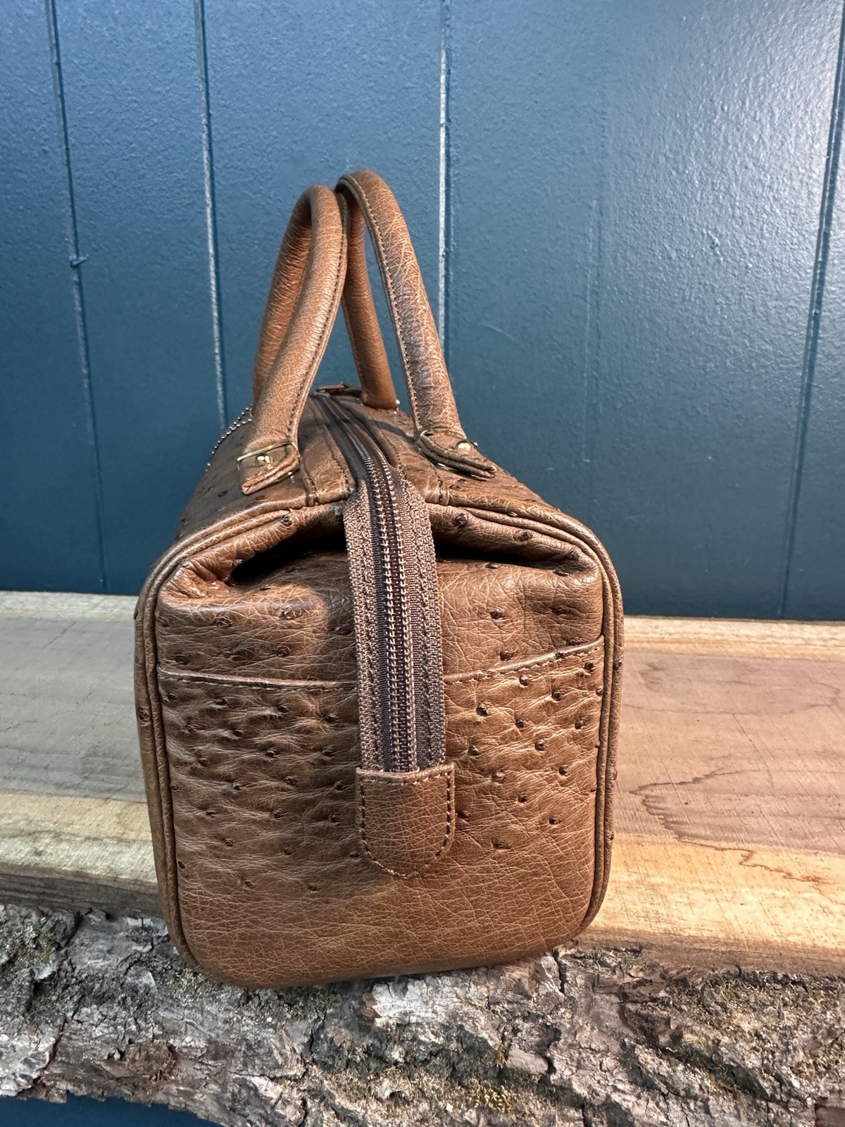 JRA Genuine Ostrich Leather Boston Satchel Cognac Brown Doctor Bag Japan