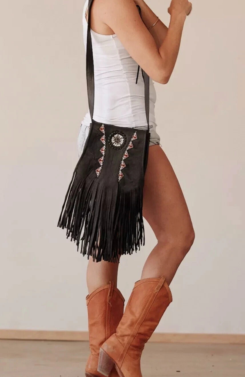 Fringe Beaded Black Leather Shoulder Hobo bag, Western Bohemian Tote Bag-NAC01