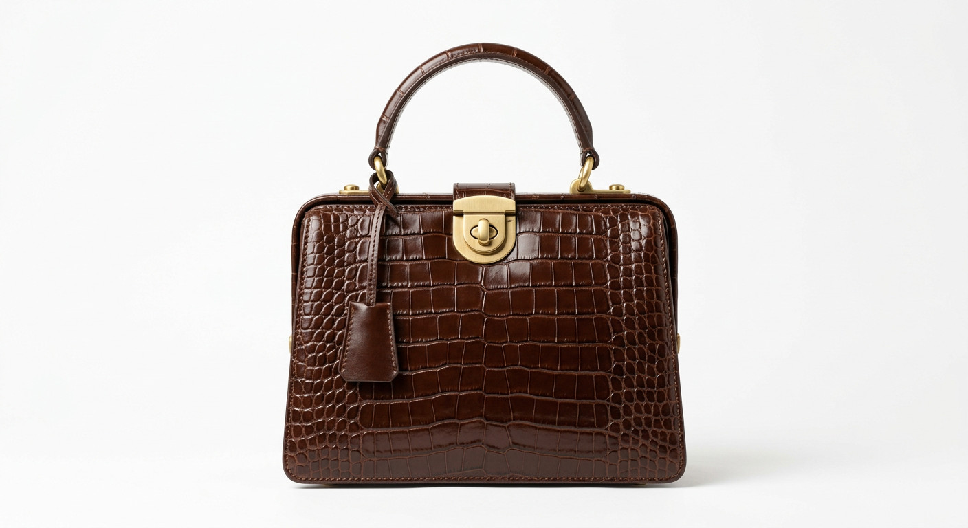 Handmade Croc Embossed Leather Top Handle Bag Structured Satchel Brown Vintage