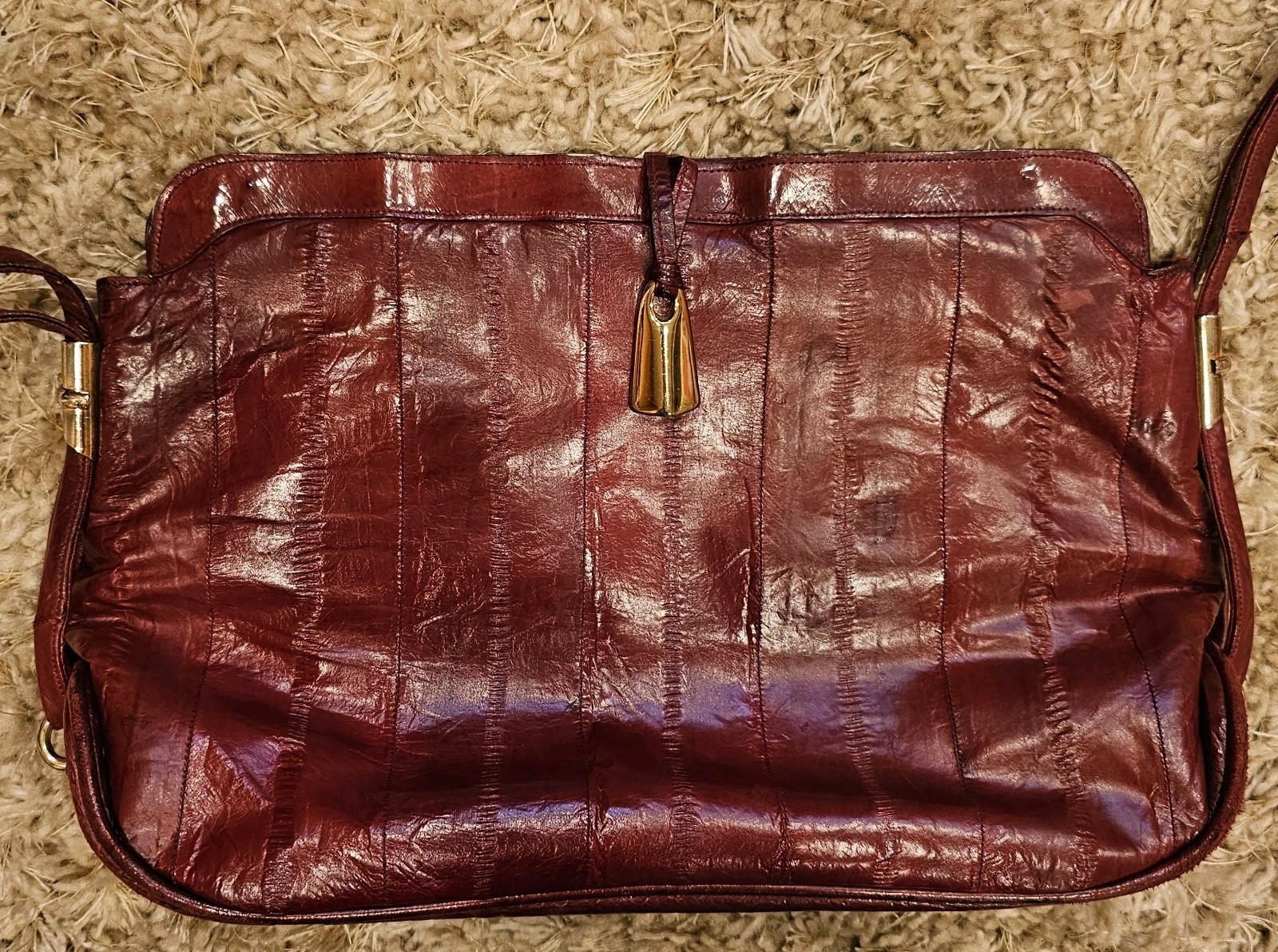 Vintage Genuine Eel Skin Leather Shoulder Bag Oxblood -Made In Korea B85