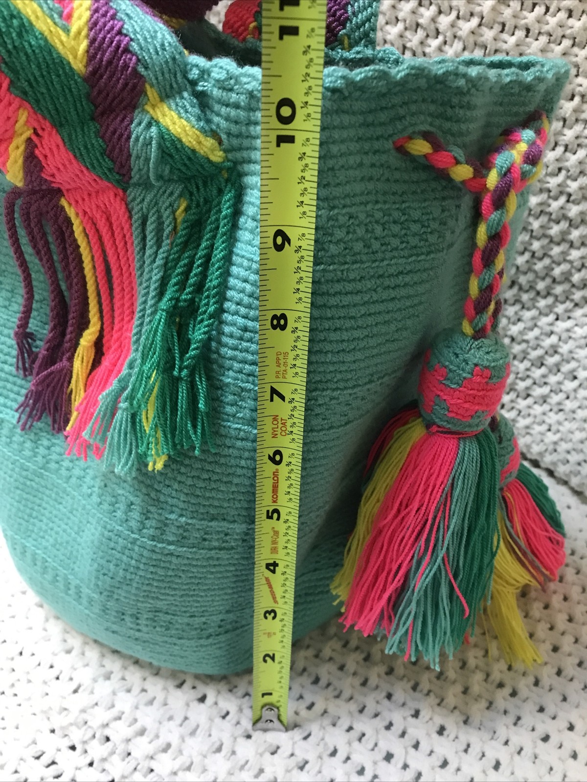 BOHO OVER THE SHOULDER CROSS BODY PURSE BAG CROCHET/KNIT TURQUOISE WITH TASSELS