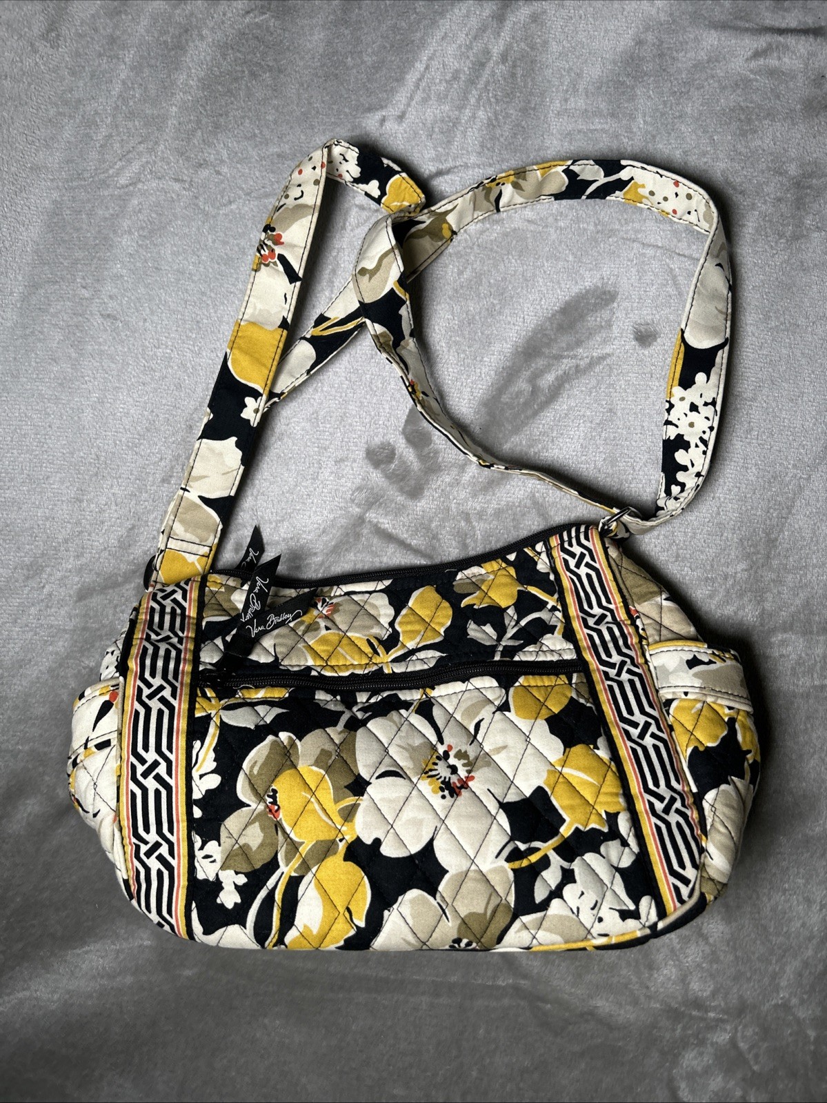 Vera Bradley Hipster Dogwood Bag Purse Crossbody Yellow Grey Black Floral Flower