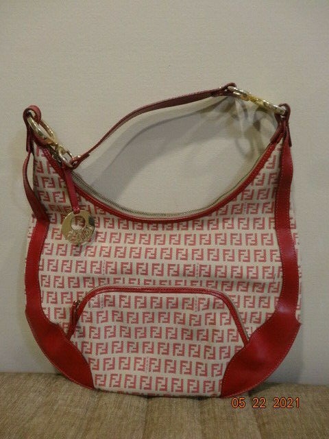 Authentic Zucca Beige Rosso FENDI Shoulder Tote Bag. ITALY.