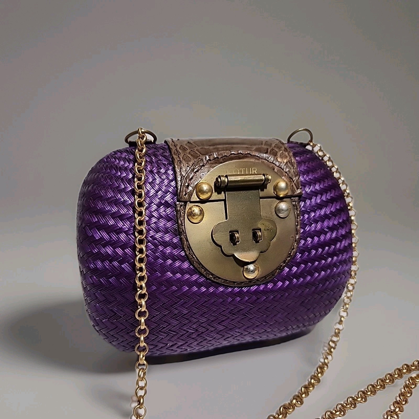 Kotur Snakeskin Purple Clutch Evening Bag With Brass Lock Clasp gold Tone Chain