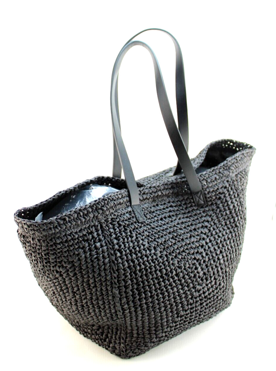 New DKNY Paloma Black Natural Weave with Stitched Logo Large Tote Bag MSRP $148