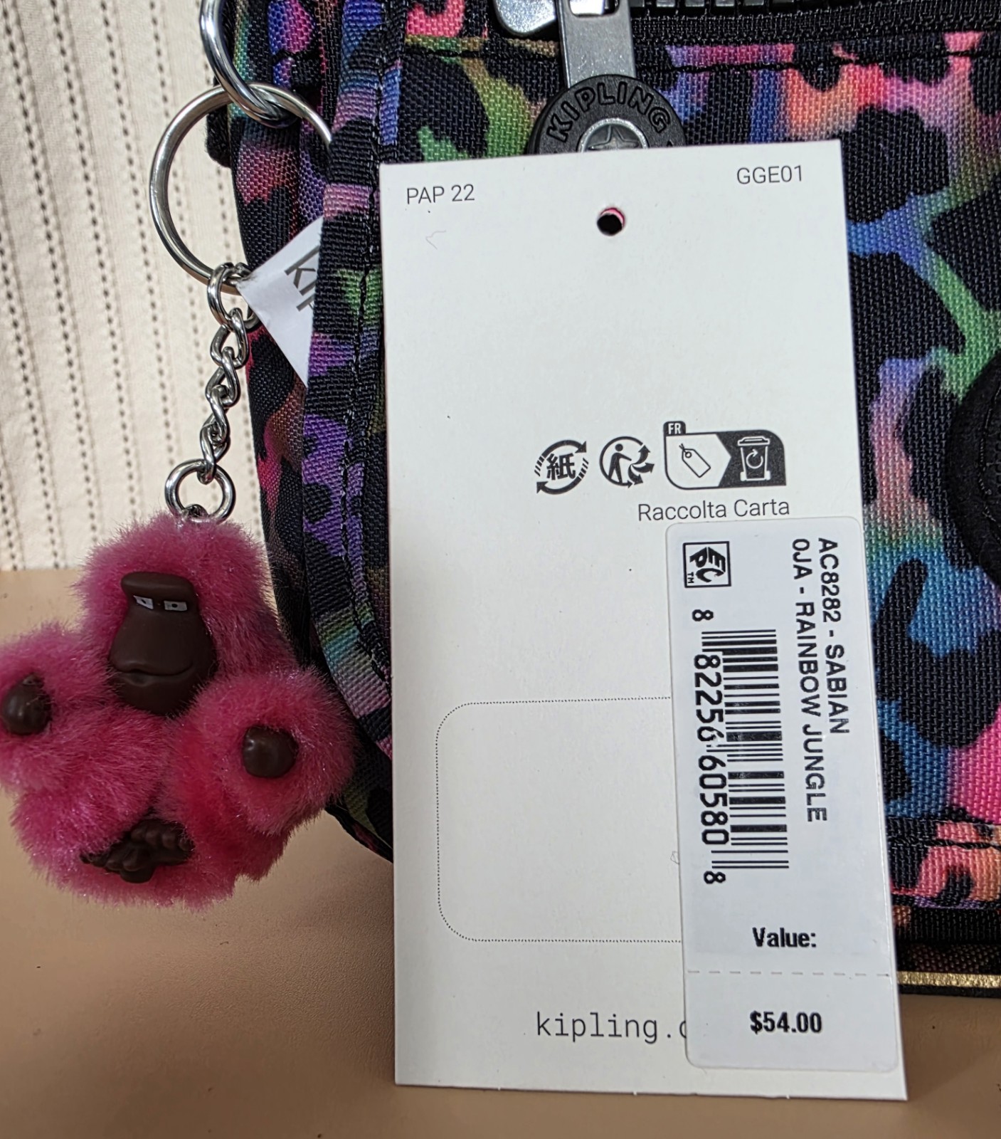 New Kipling Sabian Rainbow Jungle Mini Crossbody Bag with Pink Monkey Charm