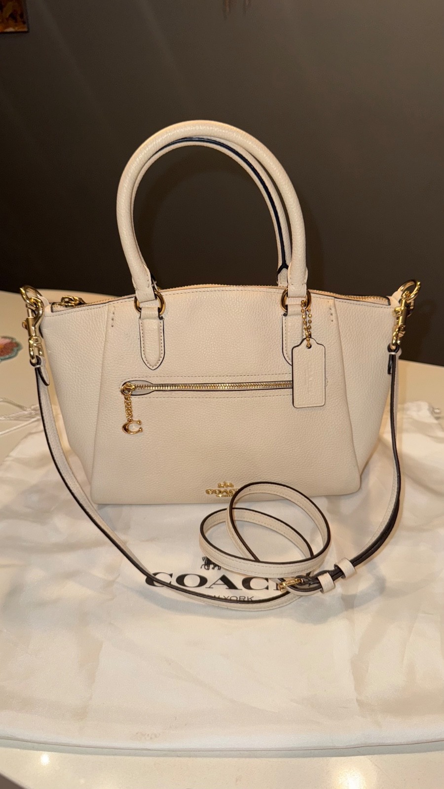 Coach Elise Polished Pebble Leather Satchel Chalk White Gold Hardware Dust Bag