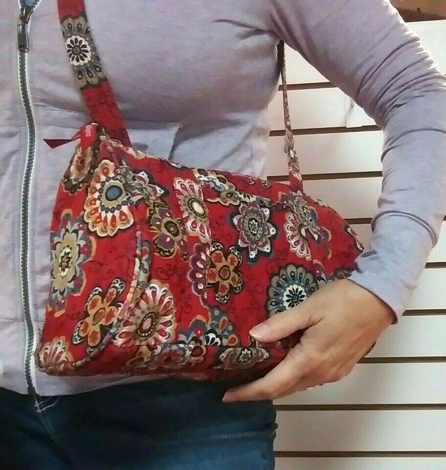Bella Taylor Quilted Fabric Handbag Purse Crossbody Red Floral Long Strap Clean