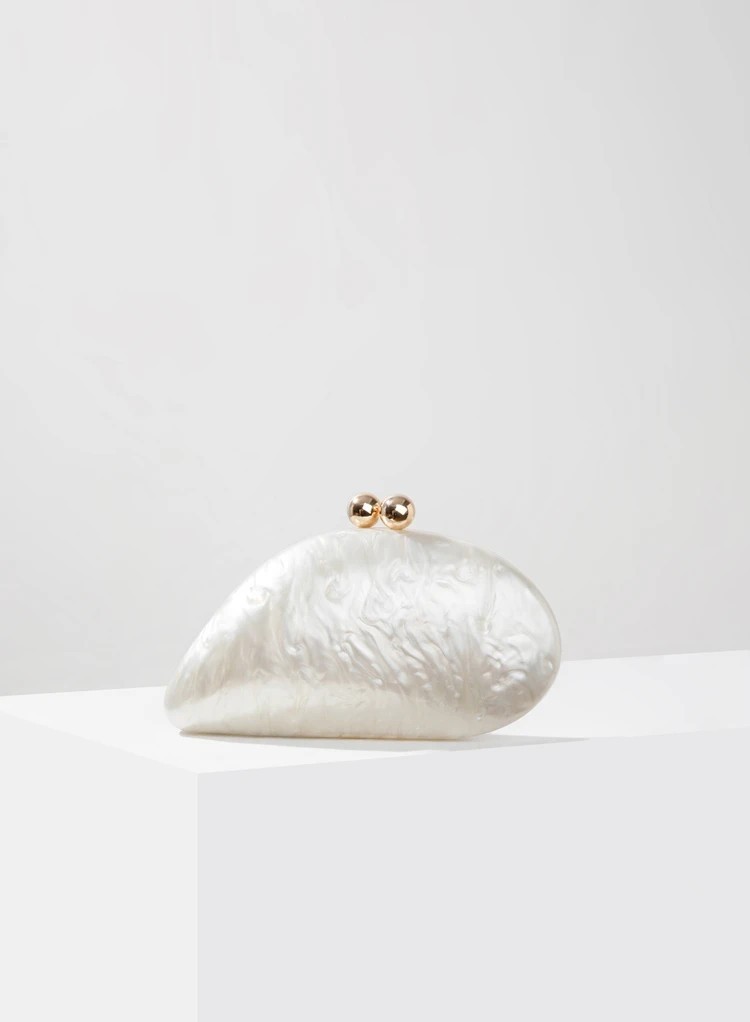 Ivory Pearl Shell Clutch Acrylic Evening Bag Wedding Party Chain Purse