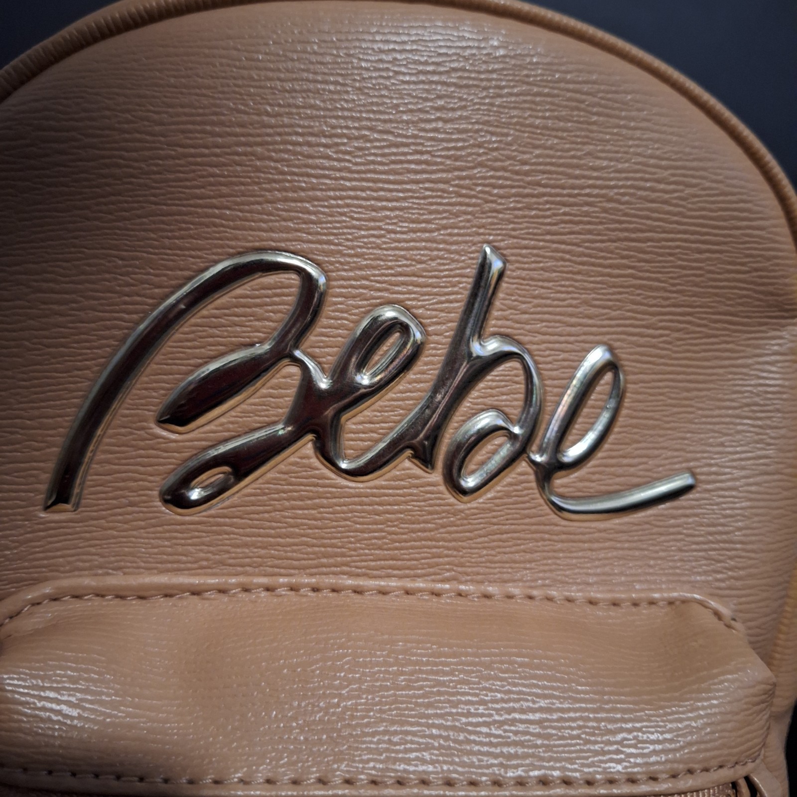 Bebe Logo Mini Backpack Tan Faux Leather Gold Chain Zip Front Pocket Women