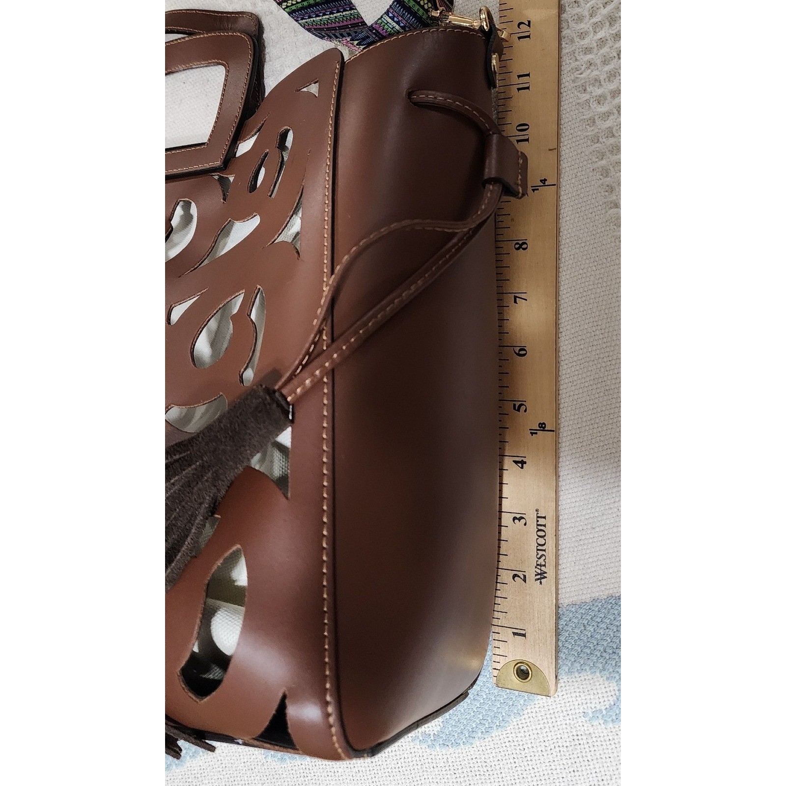 A. Bellucci Italy Brown Leather Laser Cut Tote Bag Guitar Strap Tassel Handbag