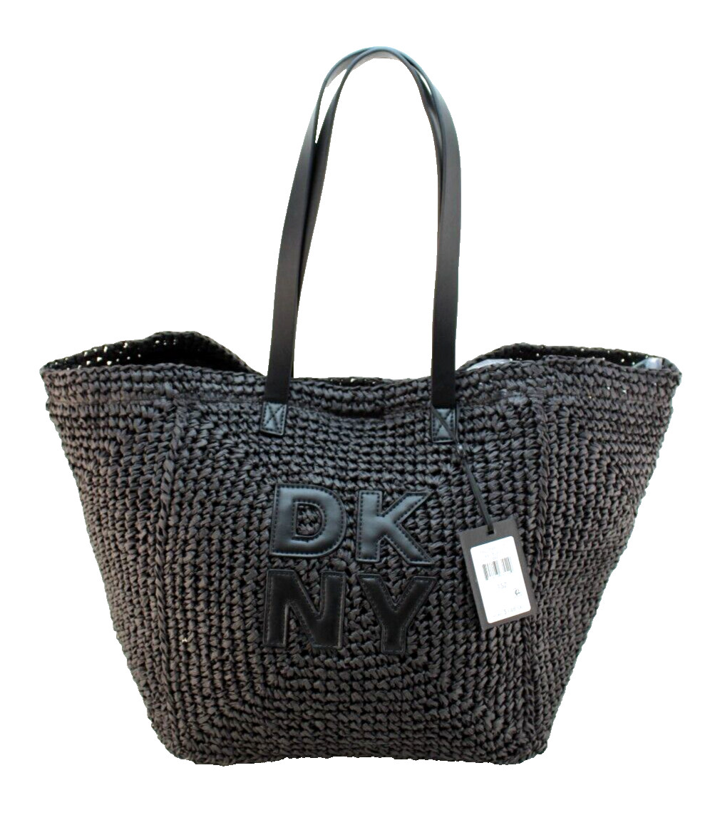 New DKNY Paloma Black Natural Weave with Stitched Logo Large Tote Bag MSRP $148