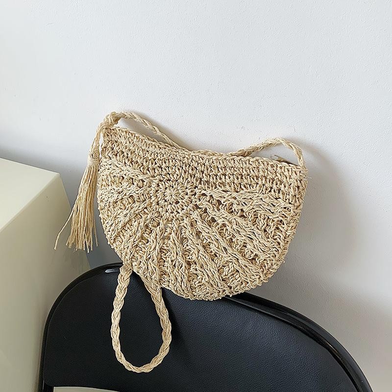 Fashion Semicircle Straw Woven Shoulder Crossbody Bag Travel Small Handbag Ladie