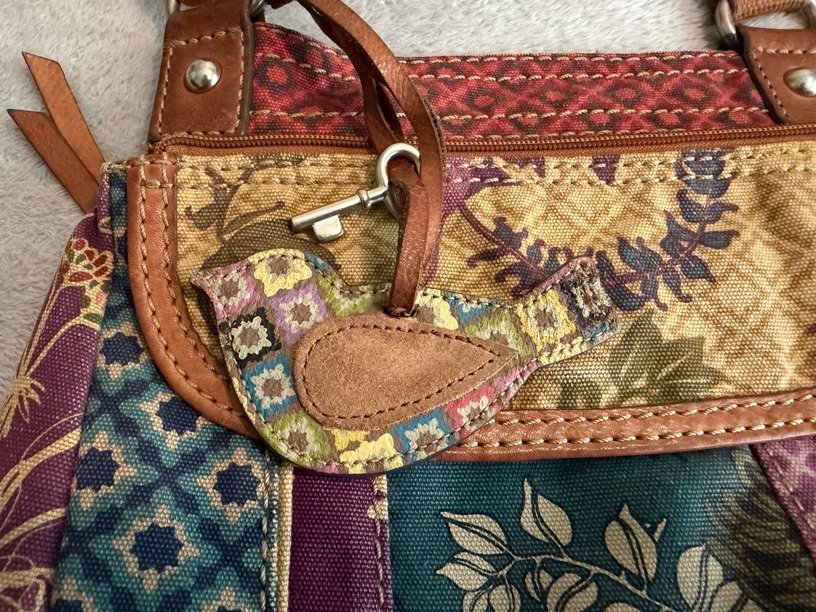 Vintage Fossil Patchwork Print Canvas Tapestry Crossbody Boho Bag w Bird Charm