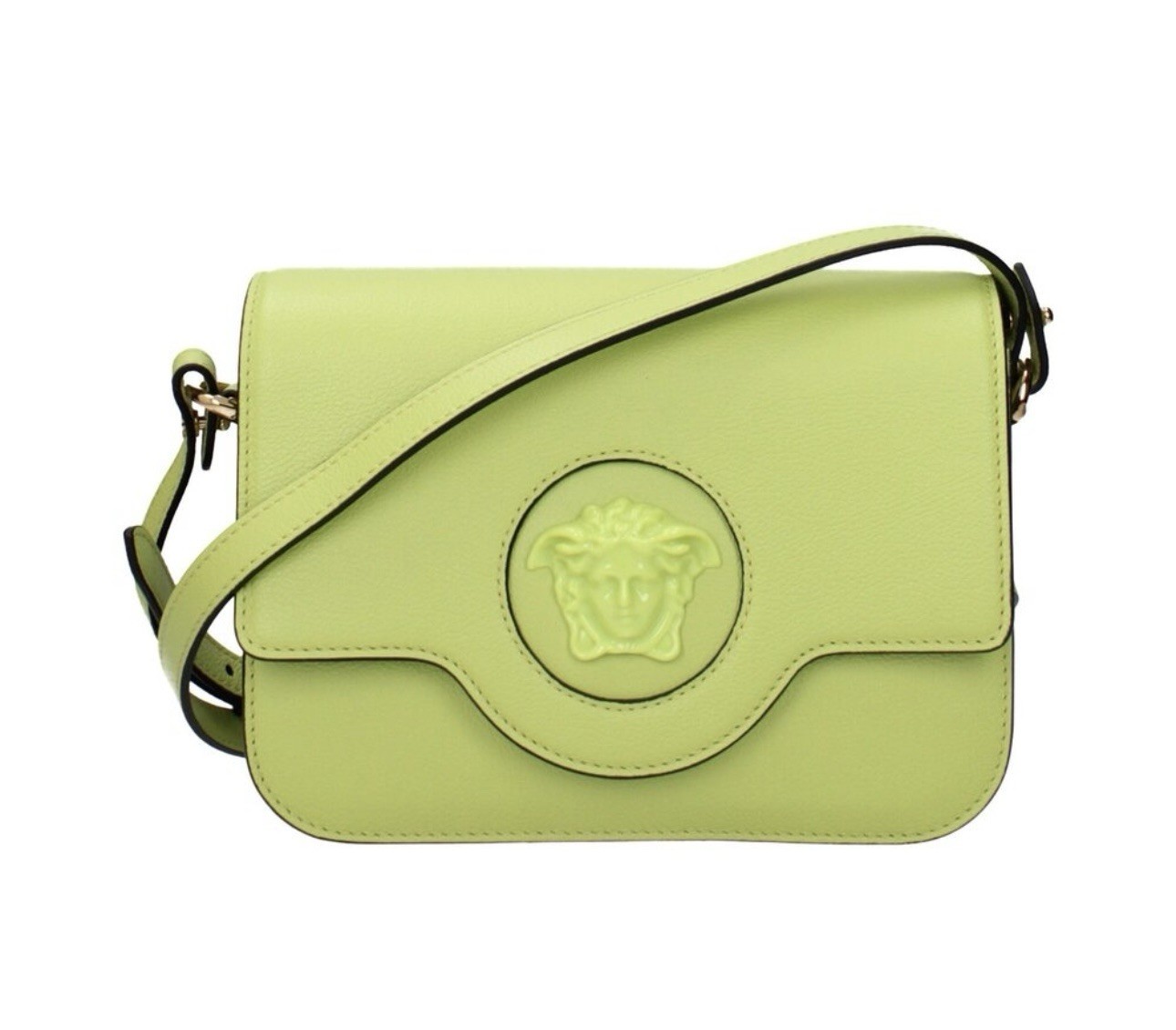 Versace La Medusa Logo Plaque Lime Pebbled Leather Crossbody Bag New $1600.