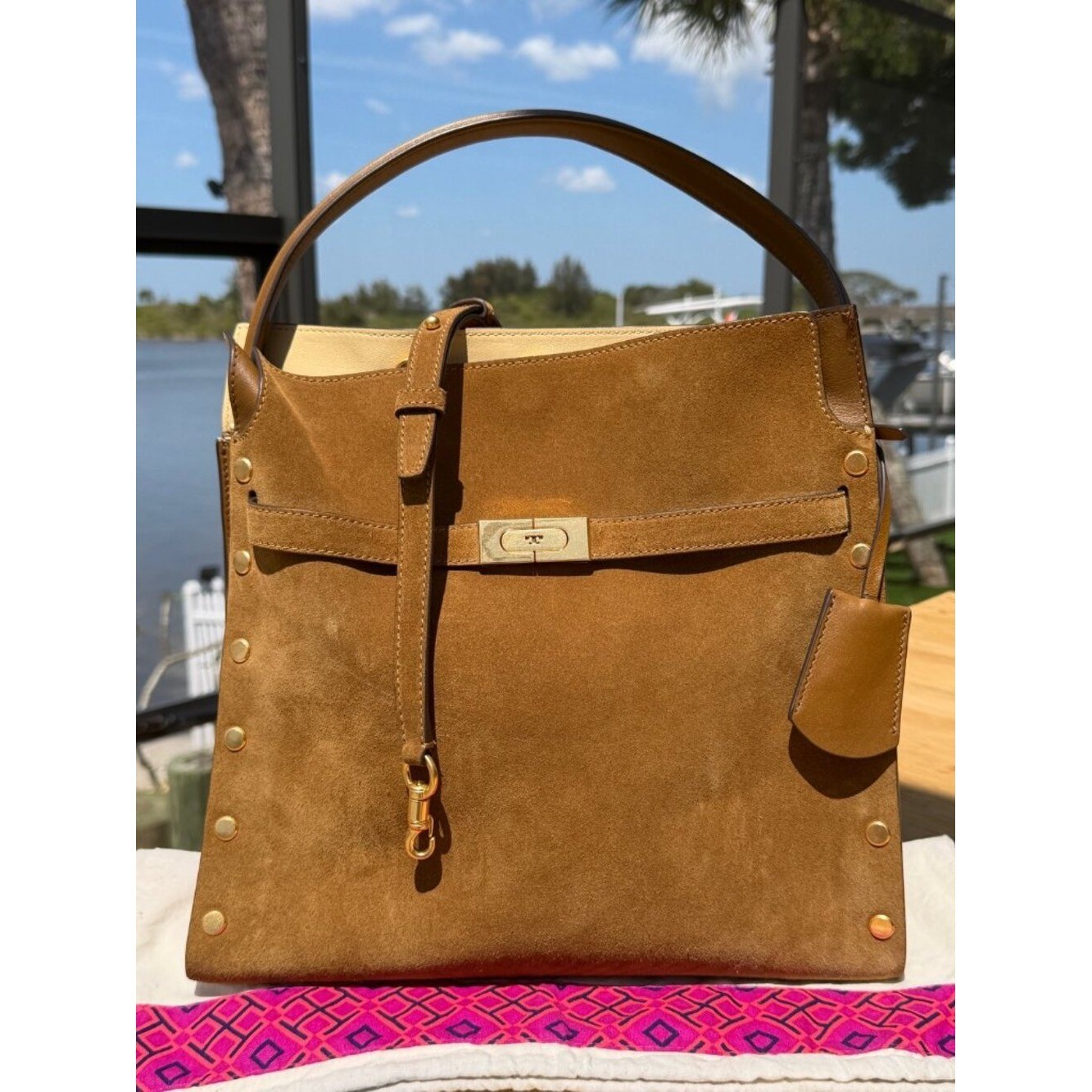Tory Burch Lee Radziwill Suede Double Bag Coffee Brown Tobacco Leather
