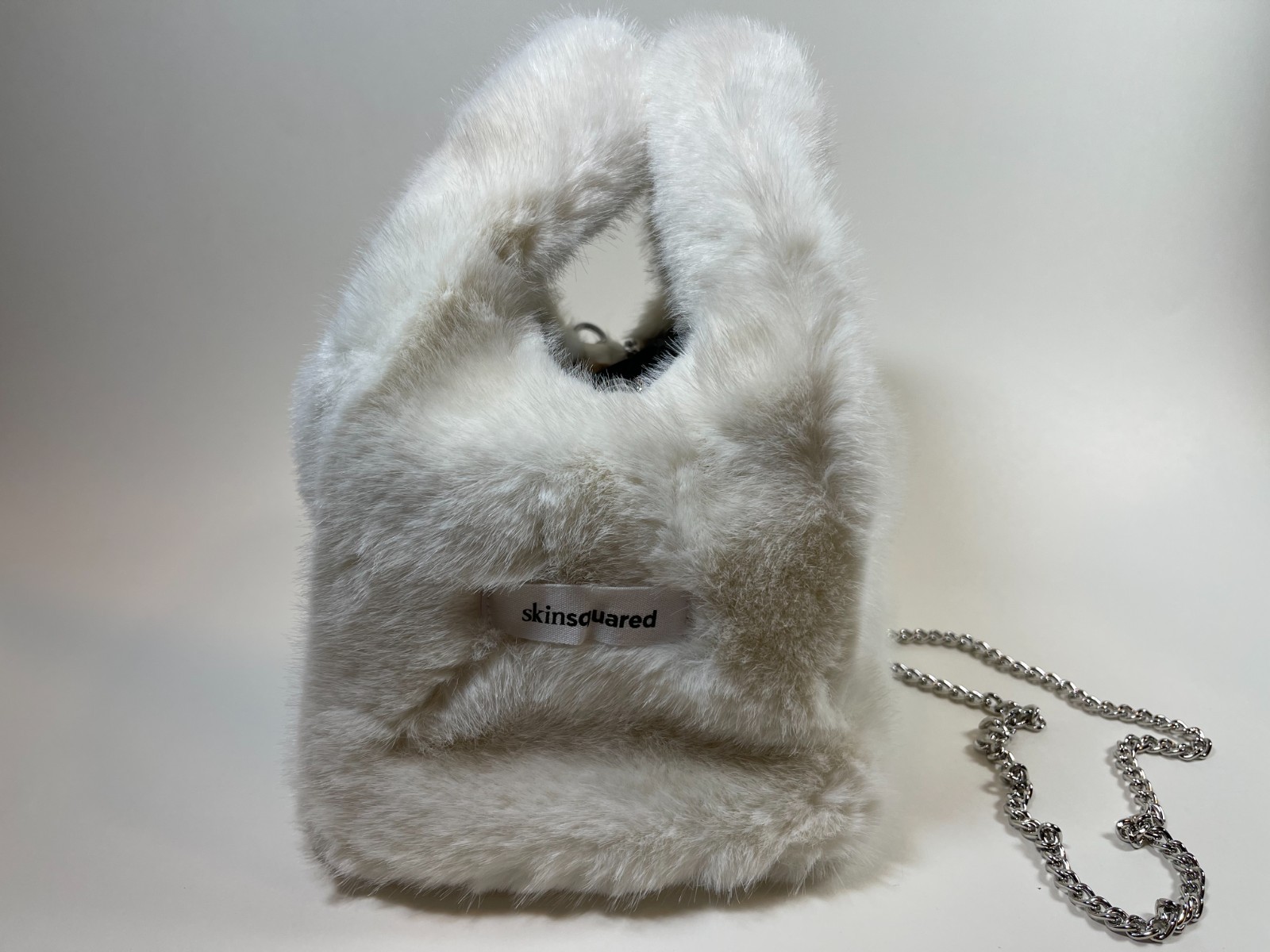 Skinsquared White Fuzzy Faux Fur Square Mini Tote Hand Bag w/ Chain Strap New