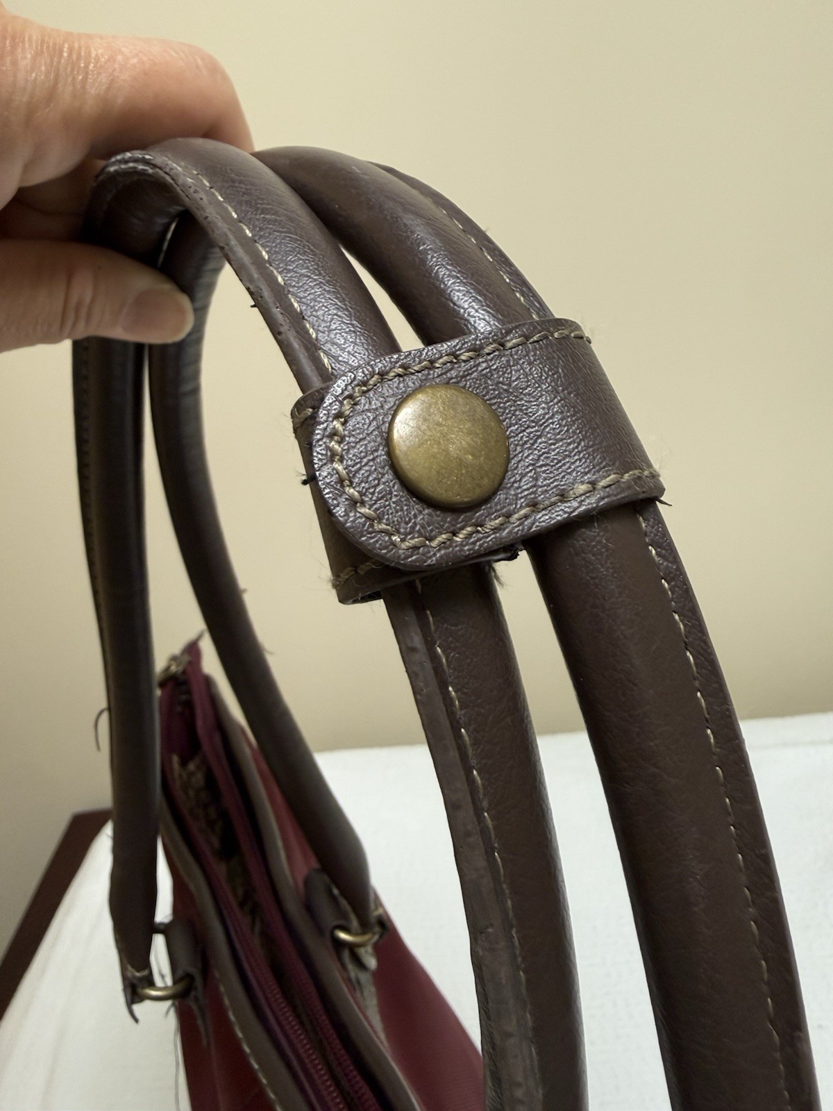 Chaps Burgundy Tote Bag, Zip Top, Brown Faux Leather Double Handles, Gold HW