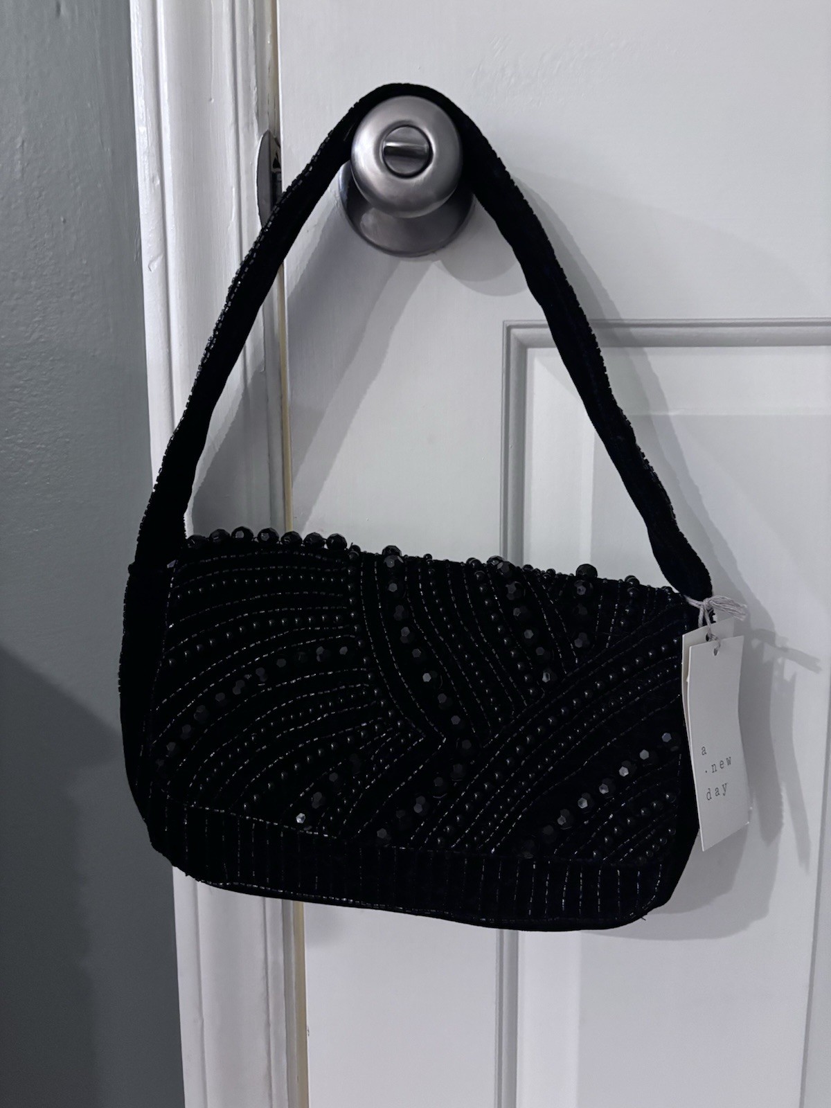 A New Day Black Beaded Women’s Shoulder Bag Rectangle Solid w/ Brand Card