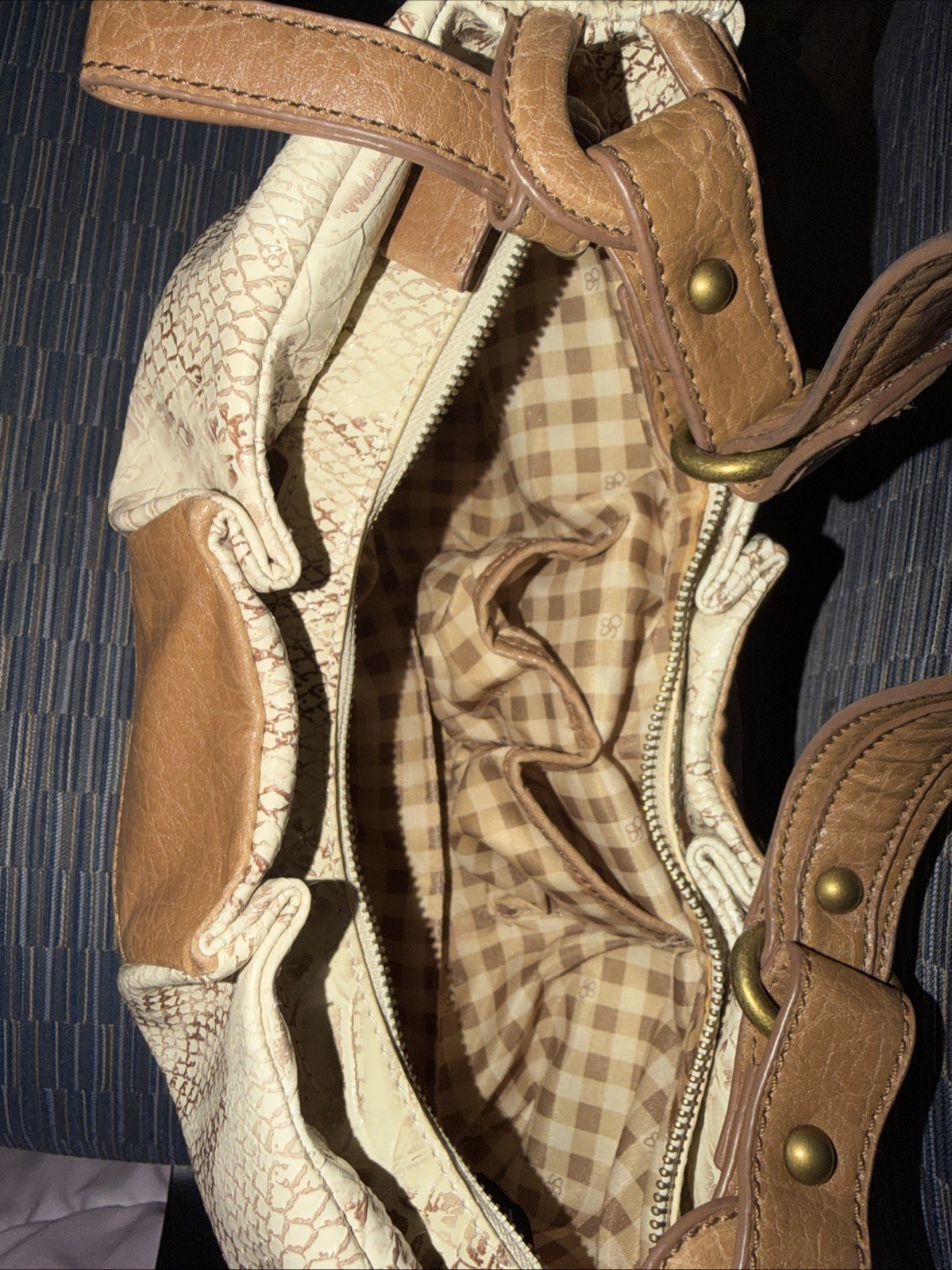 Jessica Simpson Cream & Brown SnakeSkin With Embroidered Emblem Shoulder Bag