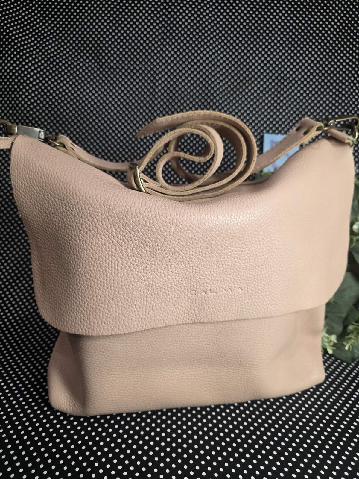 CALMA Beige Pebbled Shoulder Bag Medium Zip Brass Hardware Inner Pockets Women