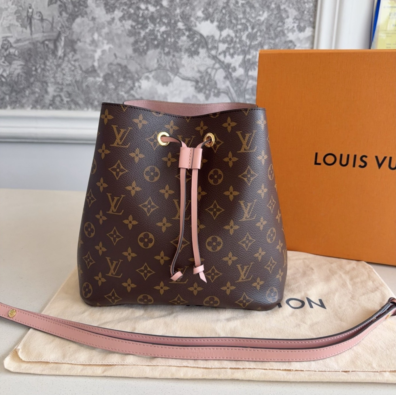 Authentic Louis Vuitton Nano Noé Monogram Canvas Crossbody Bag Brown / Pink