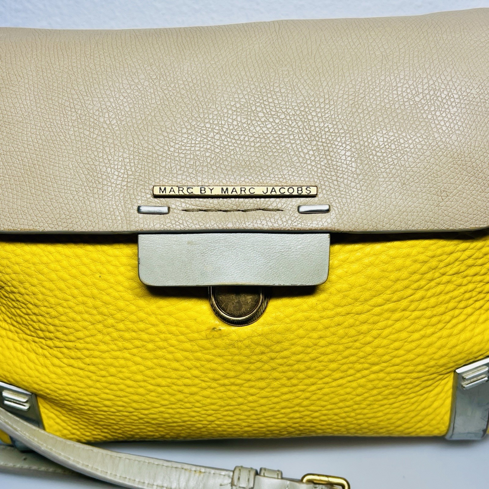 Marc by Marc Jacobs Colorblock Satchel Bag Leather Strap Push Lock Metal Base