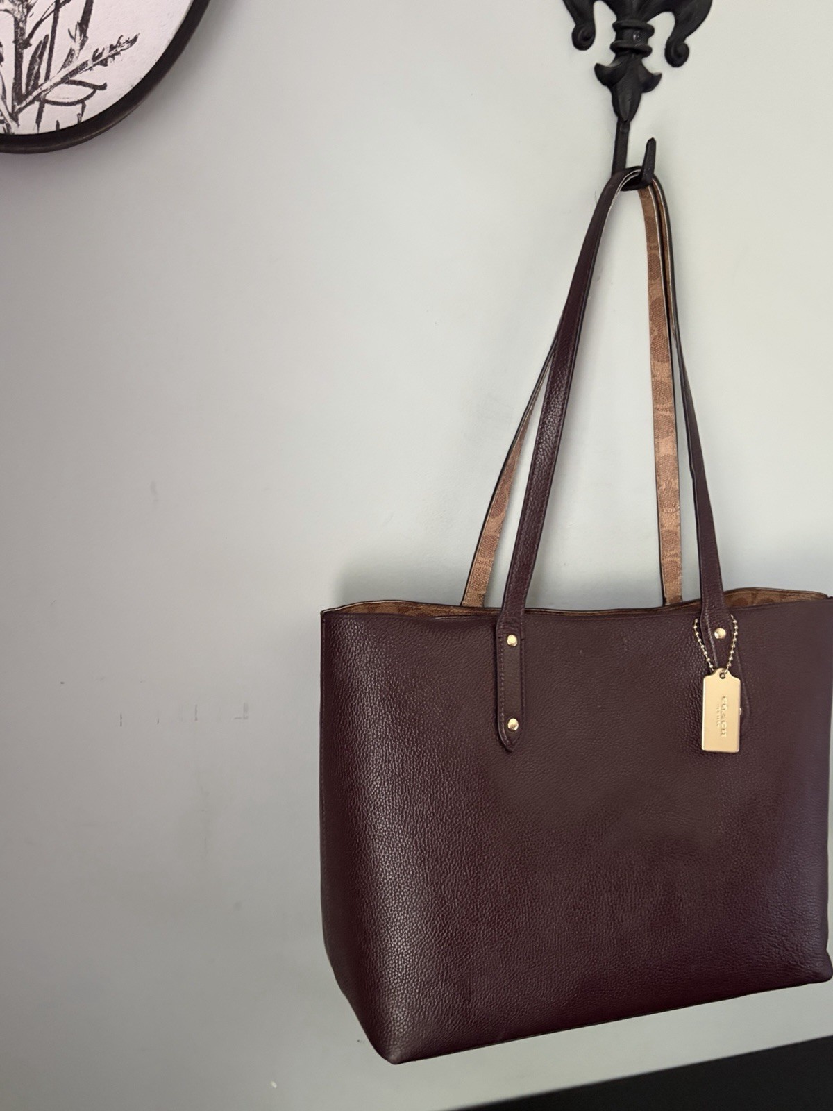 COACH Central Tote w/ Signature Logo Canvas Blocking/ Brown Pebble Leather/ Gold