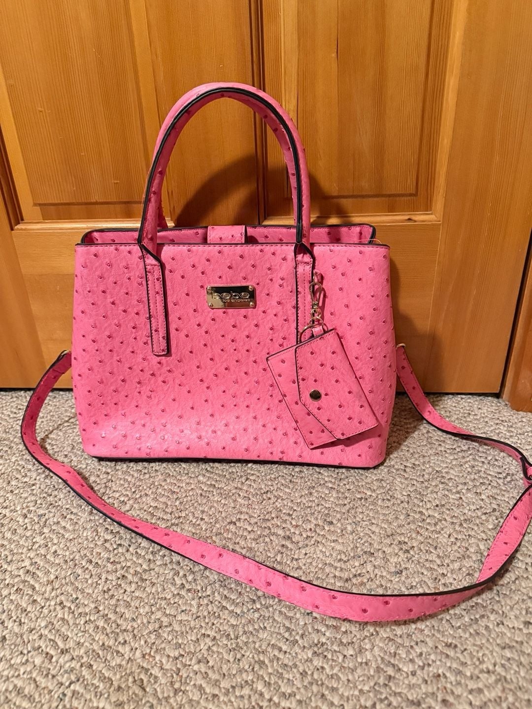 bebe Aubrey Faux Ostrich Pink Satchel with Matching Card Case