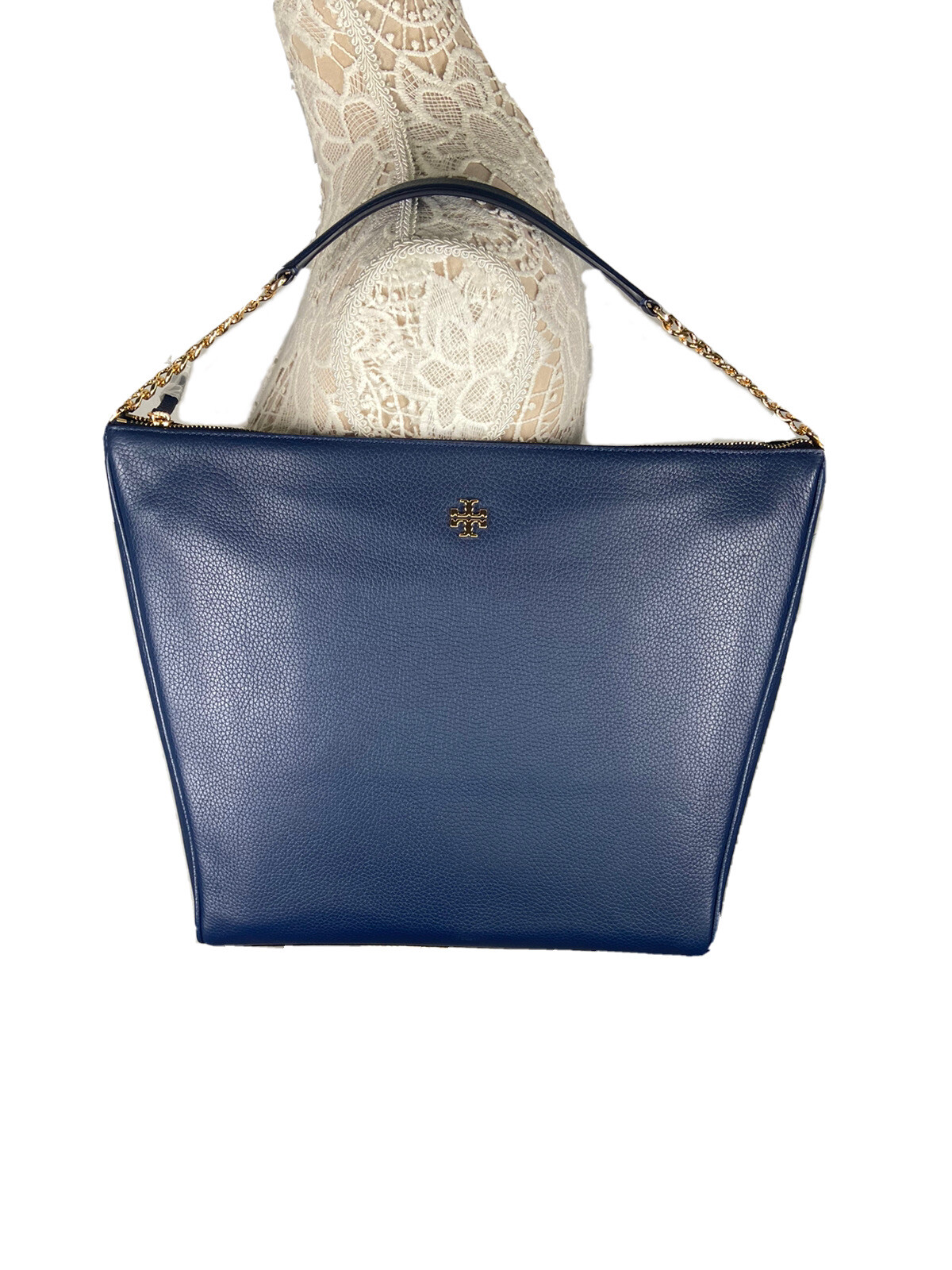 Tory Burch Carter Slouchy Hobo Shoulder Bag in Royal Navy Leather W16” x H12.5”