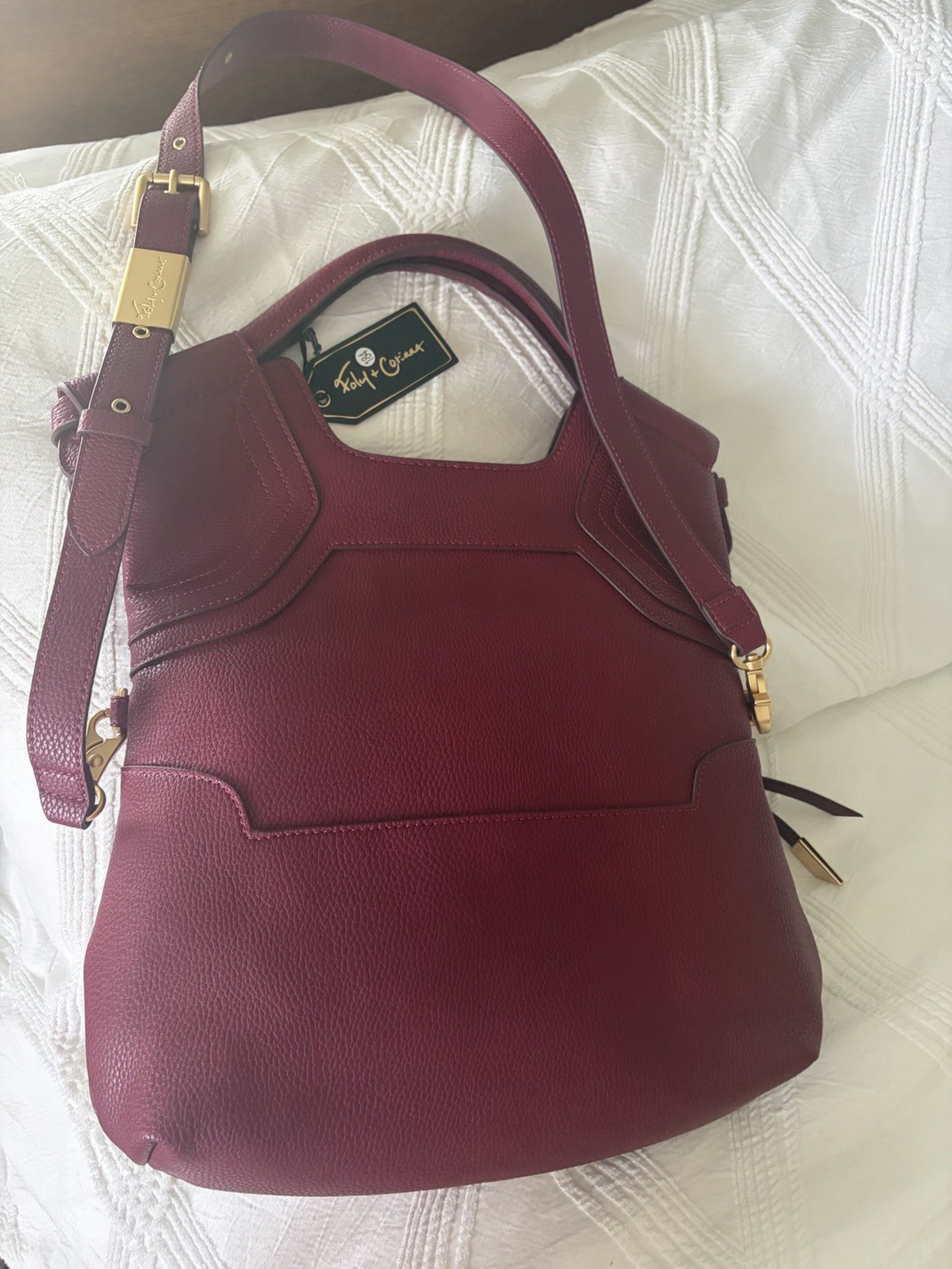 Foley + Corinna Burgundy Pebbled Satchel Top Handle Zip Detachable Strap Gold
