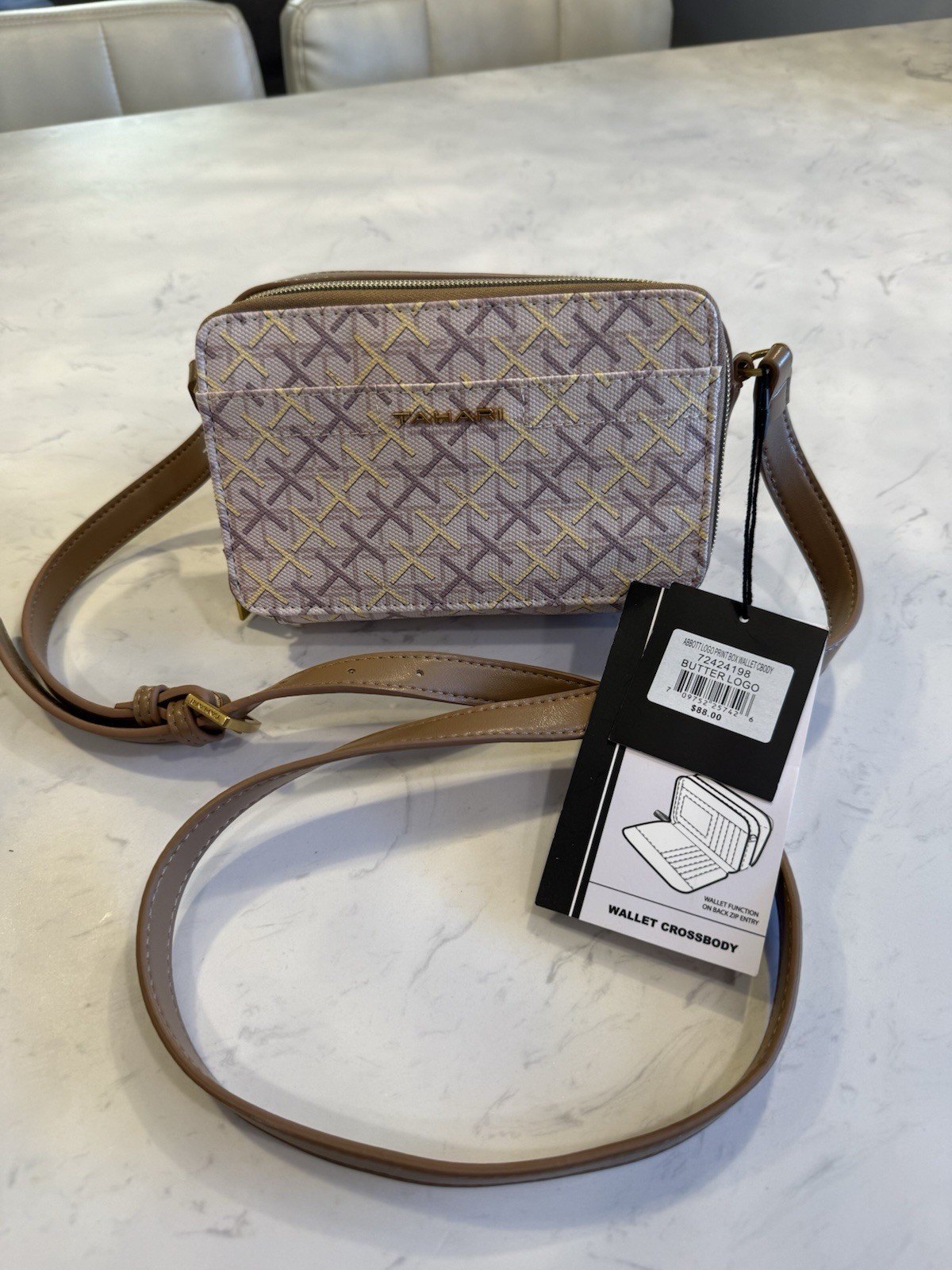 Tahari Small Crossbody Bag Beige/Brown Logo Print Zip Closure Gold Hardware