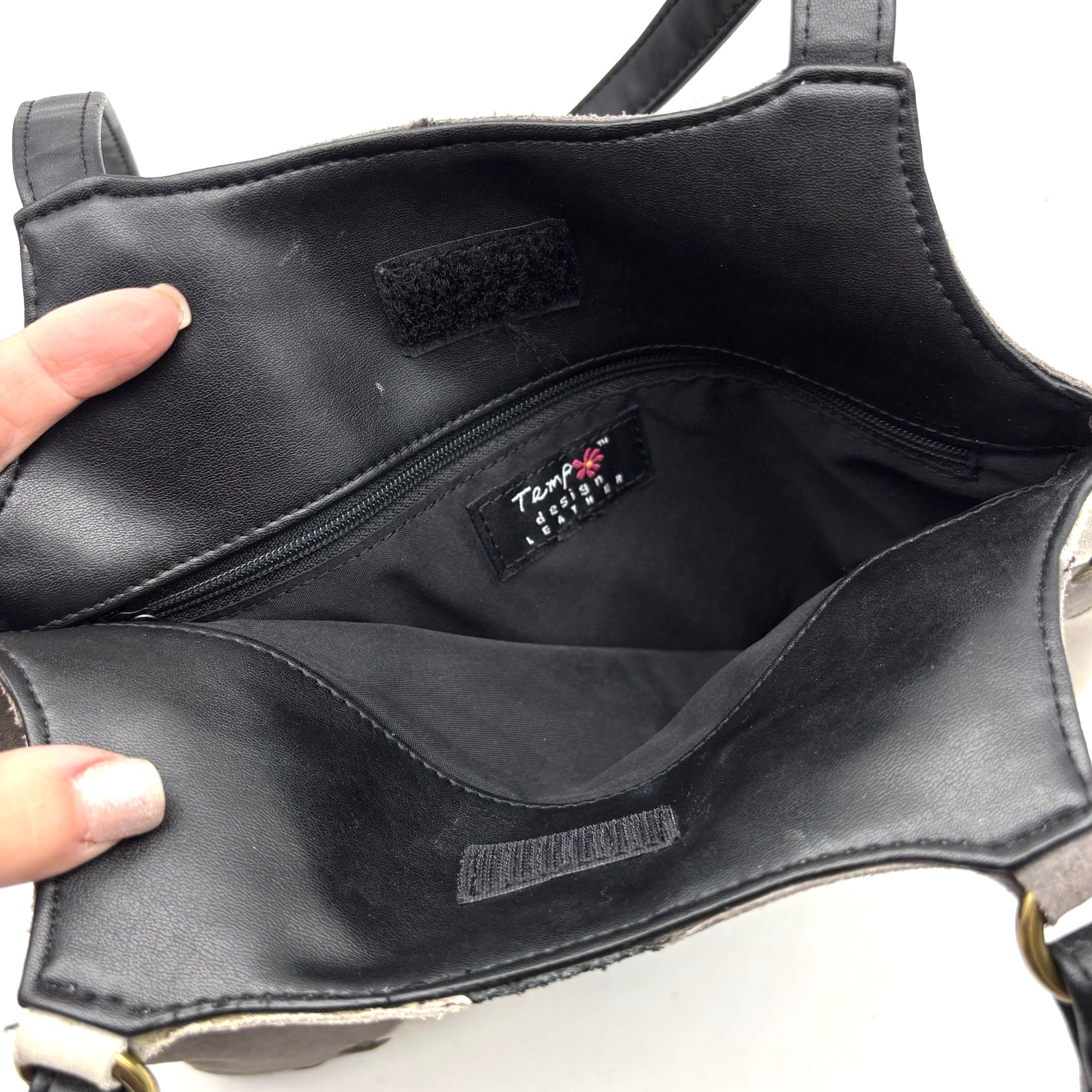 Vintage 90s Y2K Temp Design Black Gray Suede Embroidered Shoulder Bag 11×9.5″