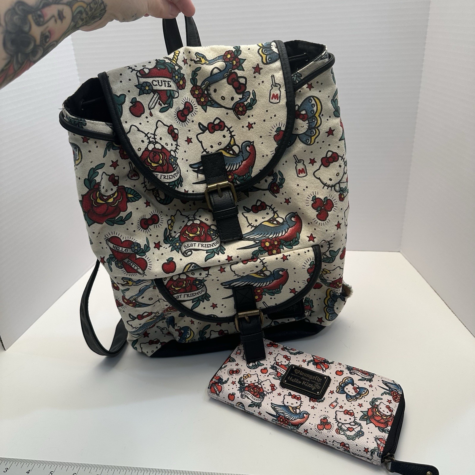 2015 Loungefly Hello Kitty Tattoo Print Drawstring Backpack Purse & Wallet HTF