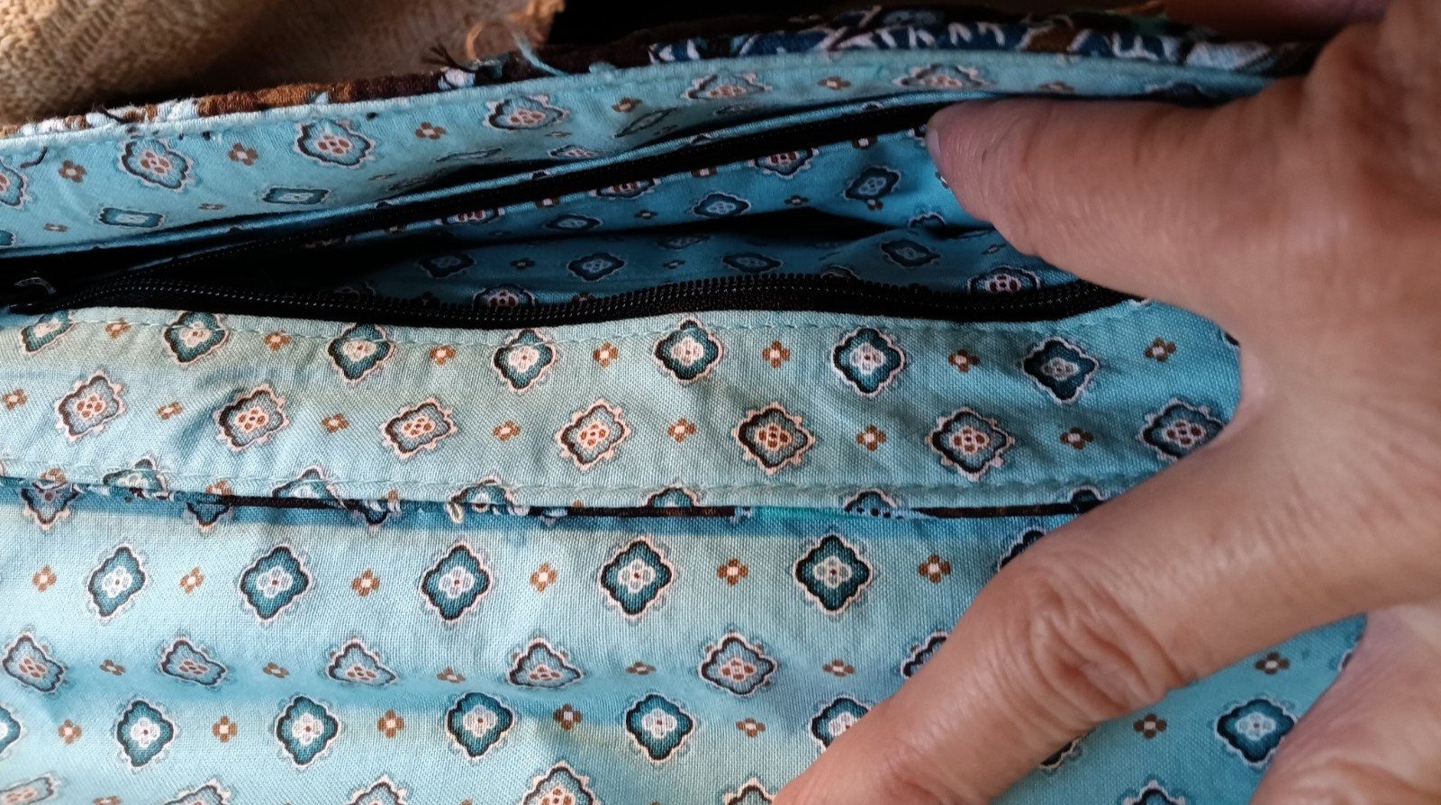 Vera Bradley Knot Just A Clutch, Brown And Aqua magnetic and zip closures