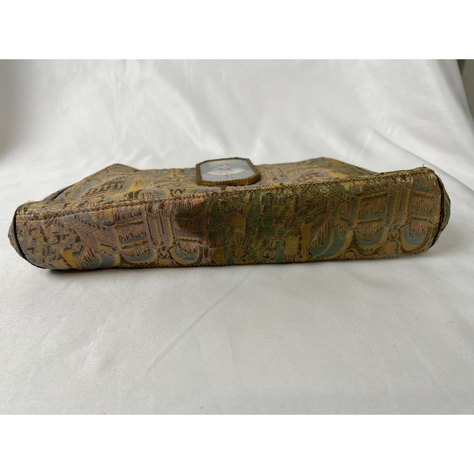 Vintage 1920s Parisian Tapestry Evening Bag Ballerina Painted Medalion Closure S