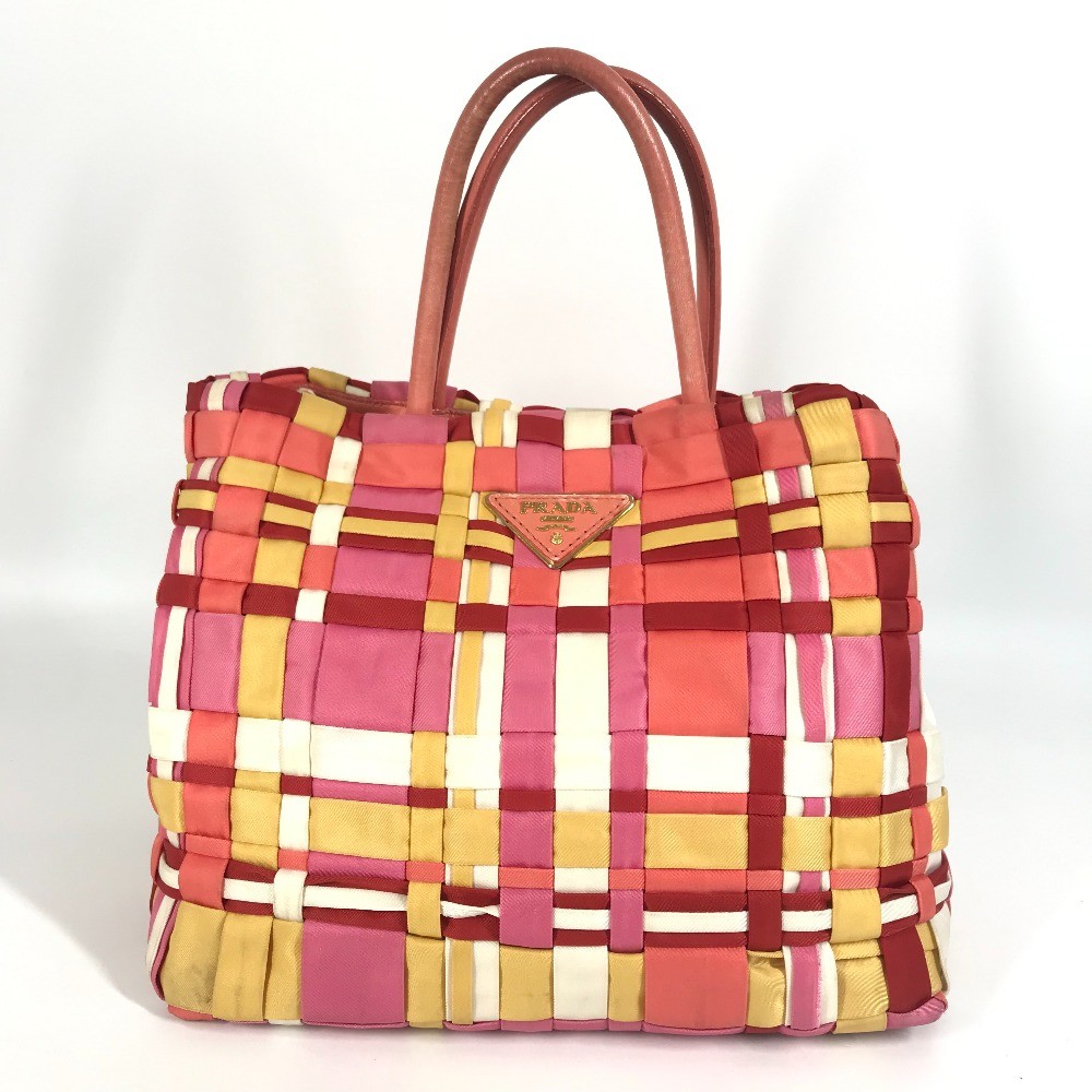 PRADA Braided Logo triangle logo plate Bag Tote Bag Hand Bag Nylon pink/White
