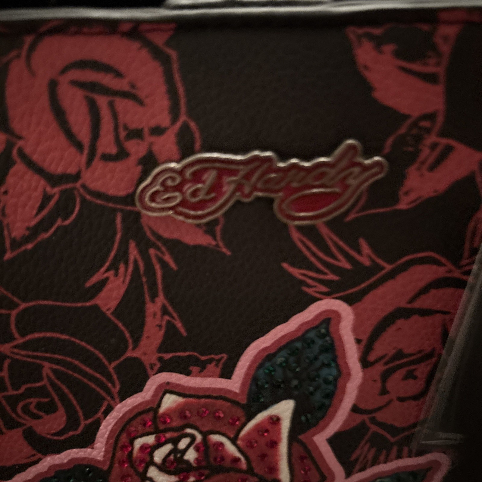 Ed Hardy Black/Red Rose Skull Large Tote Bag Zip Closure Conceal & Carry Pocket